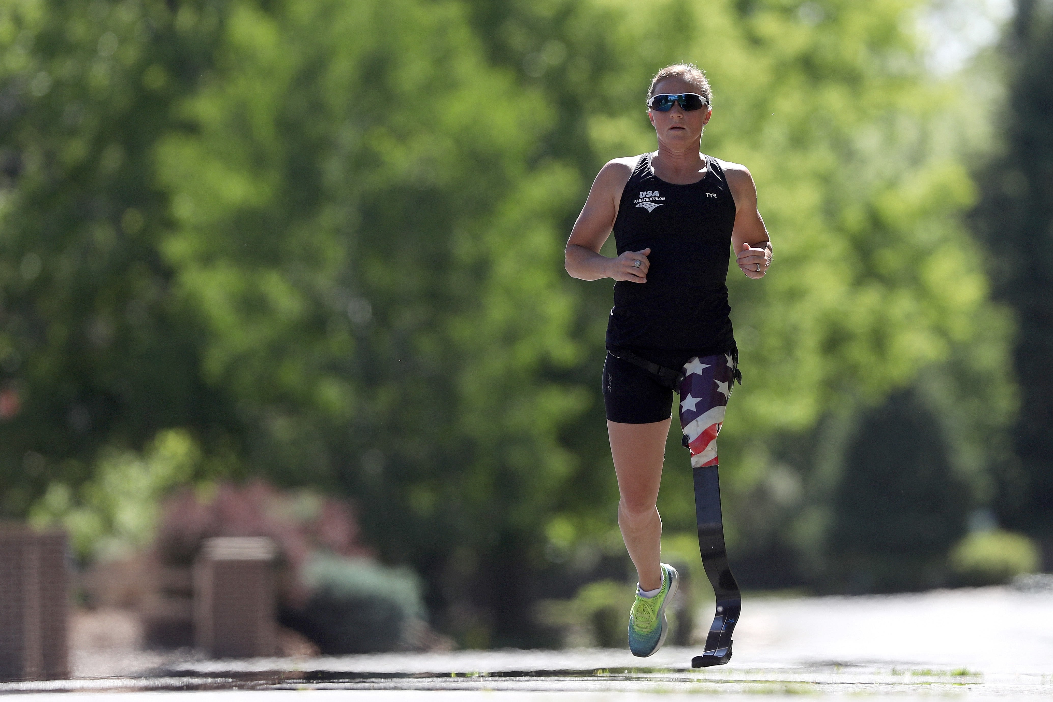 Paralympian and former U.S. Army Officer Melissa Stockwell runs during a training session on May 27, 2020 in Colorado Springs, Colorado. Athletes across the globe are now training in isolation under strict policies in place due to the Covid-19 pandemic.