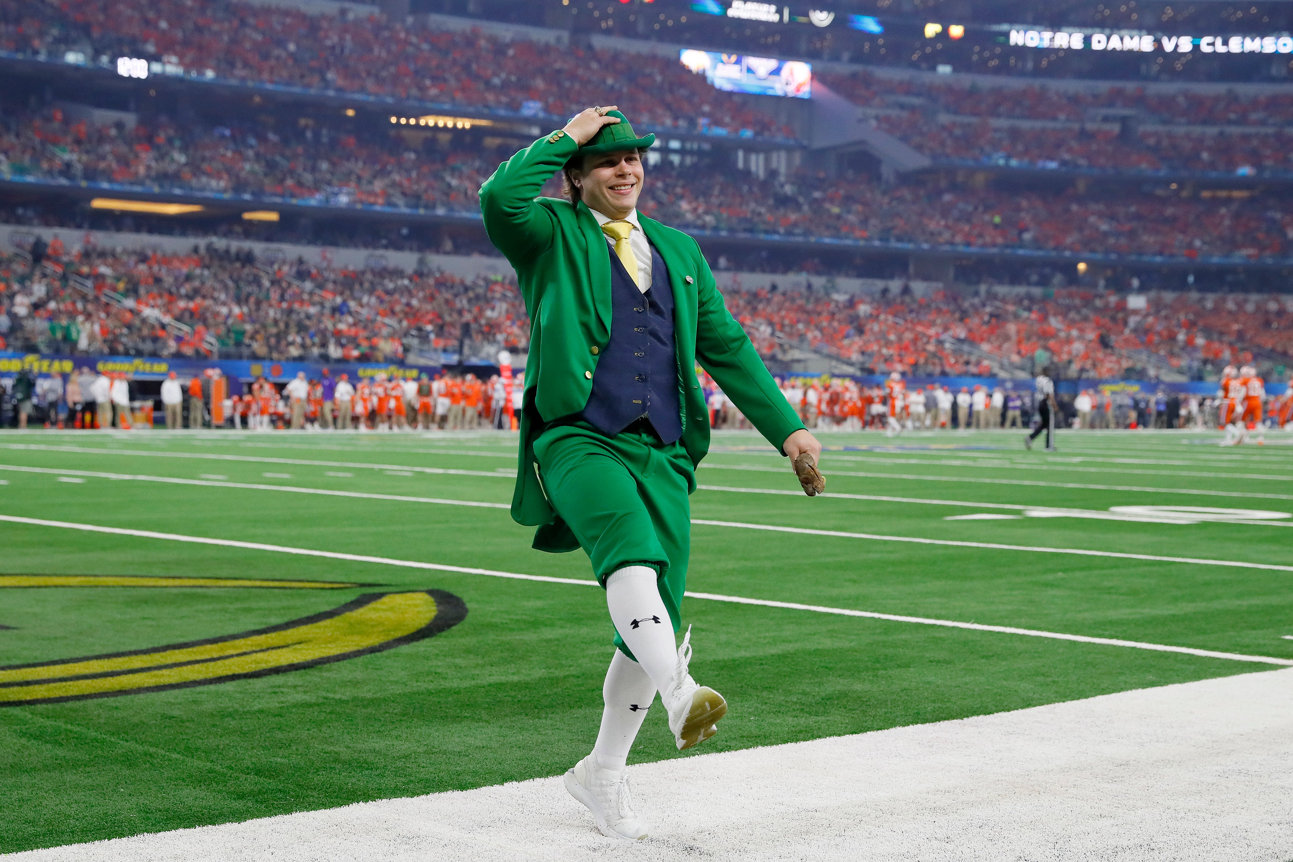 The Notre Dame Fighting Irish mascot during the College Football Playoff Semifinal Goodyear Cotton Bowl Classic against the Clemson Tigers at AT&T Stadium on December 29, 2018 in Arlington, Texas