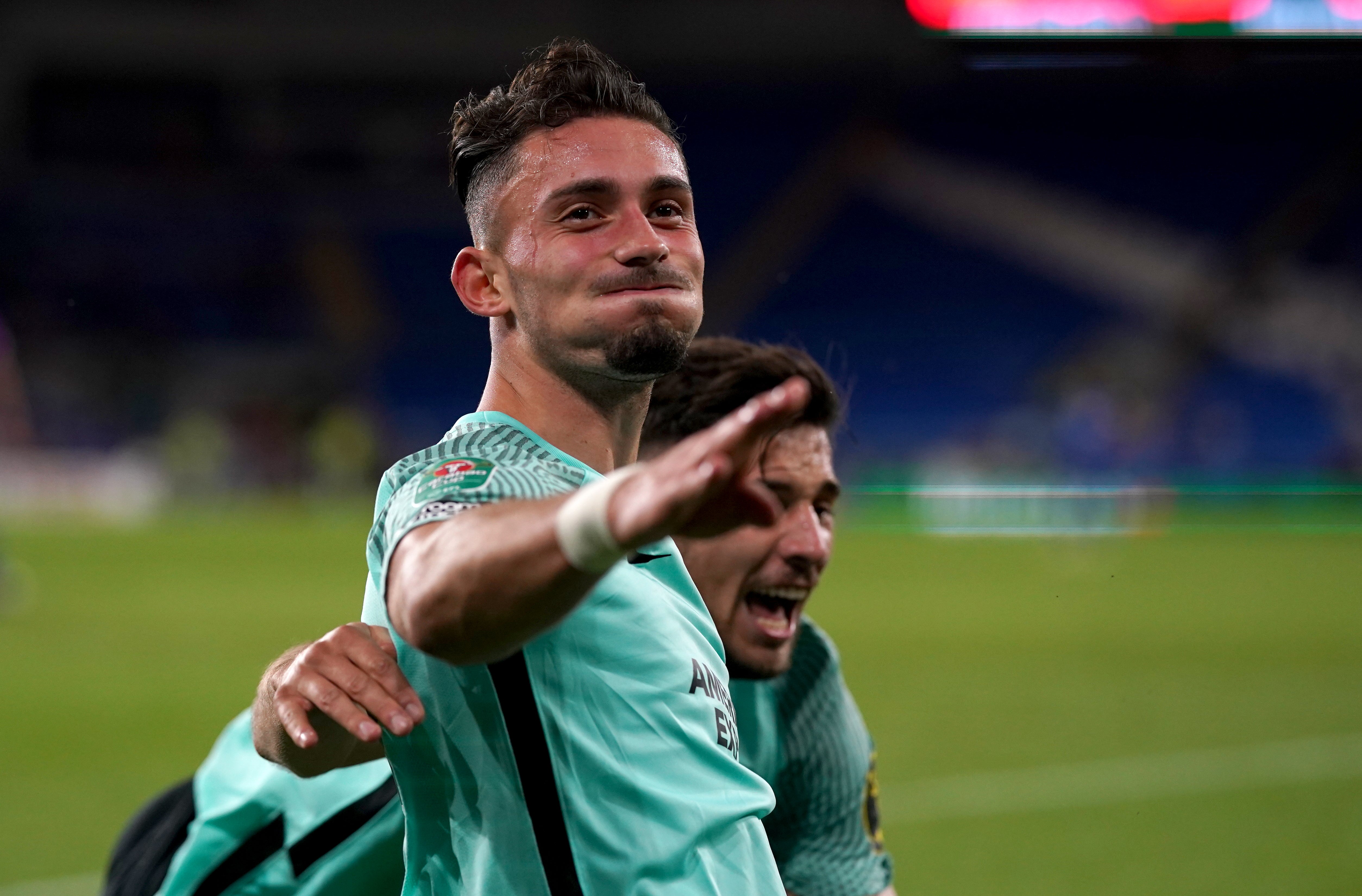 Brighton striker Andi Zeqiri celebrates scoring during the Carabao Cup win at Cardiff (David Davies/PA)