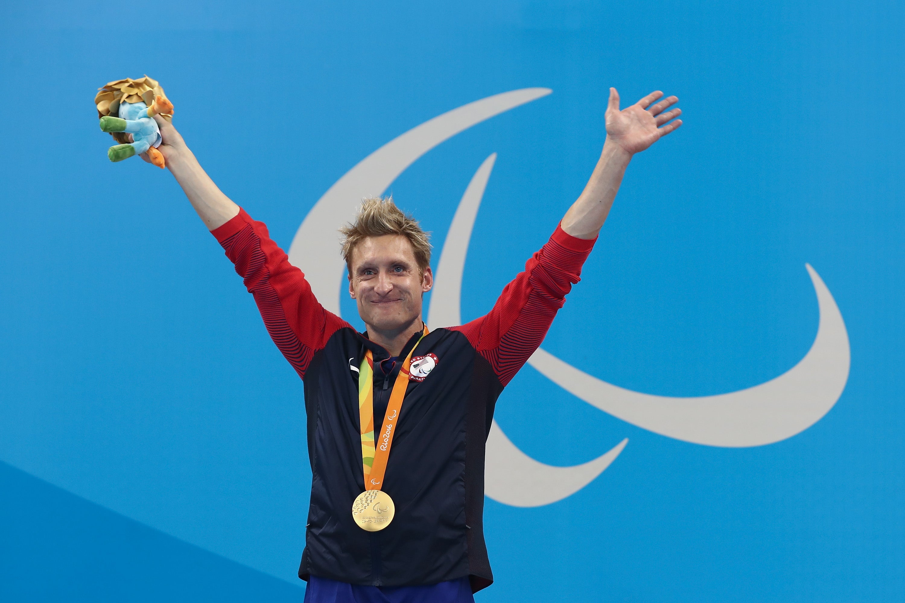 Gold medalist Bradley Snyder of the United States celebrates on the podium at the medal ceremony for the Mens 50m Freestyle S11 Final during day 5 of the Rio 2016 Paralympic Games at the Olympic Stadium on September 12, 2016 in Rio de Janeiro, Brazil. (