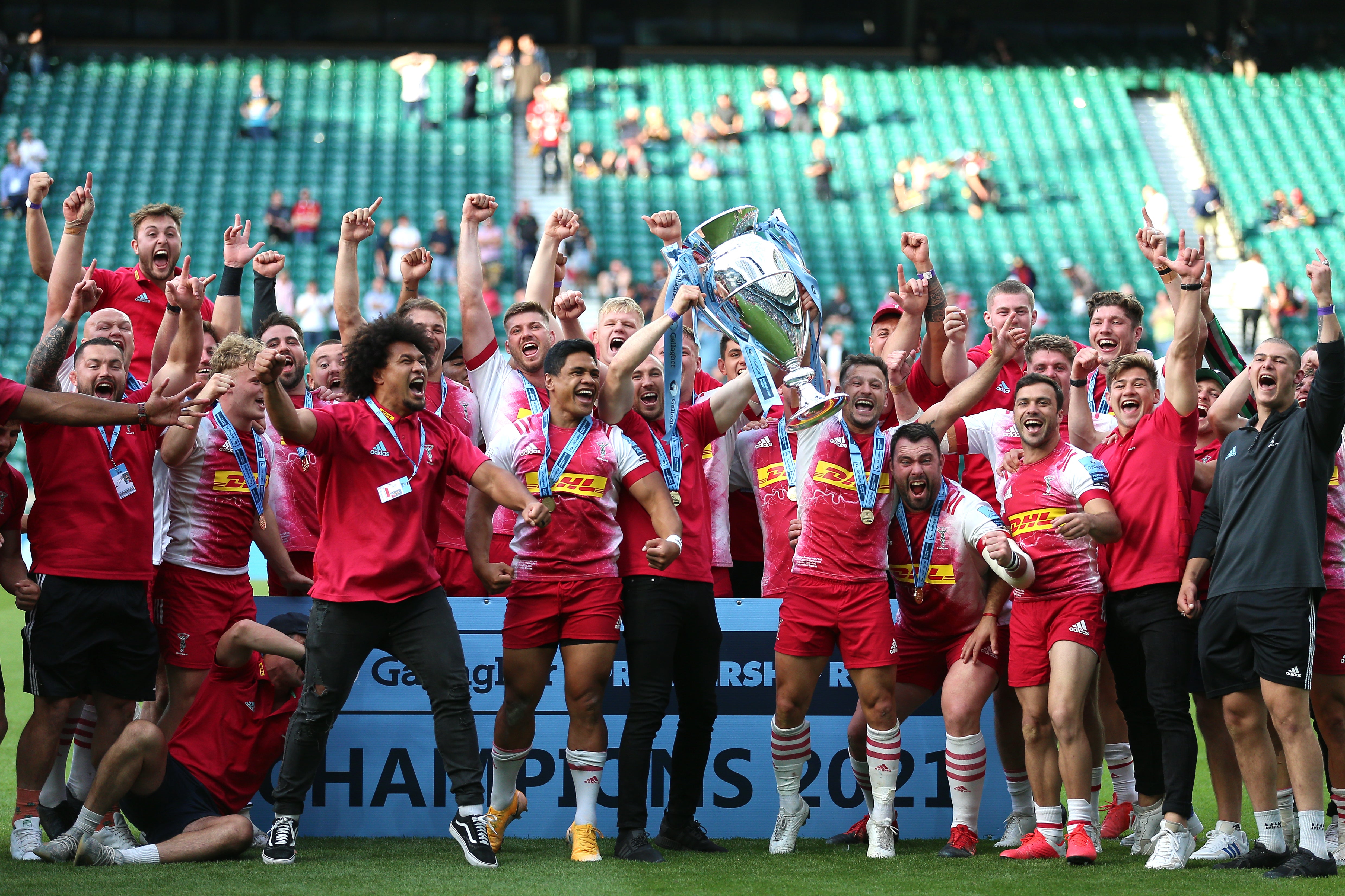 Harlequins players celebrated winning the Gallagher Premiership final at Twickenham in June (Nigel French/PA)