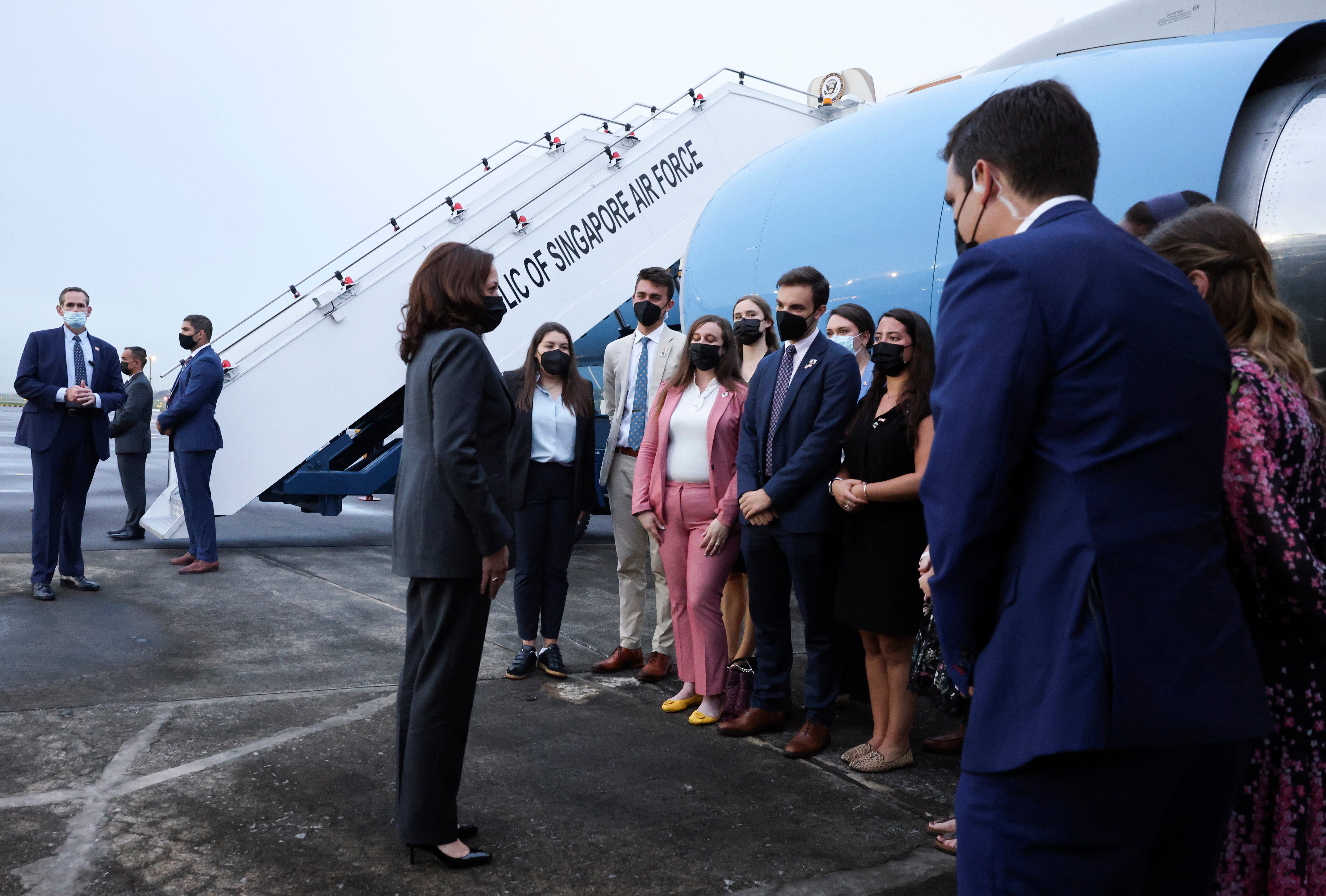 Vice President Kamala Harris speaks to reporters in Vietnam