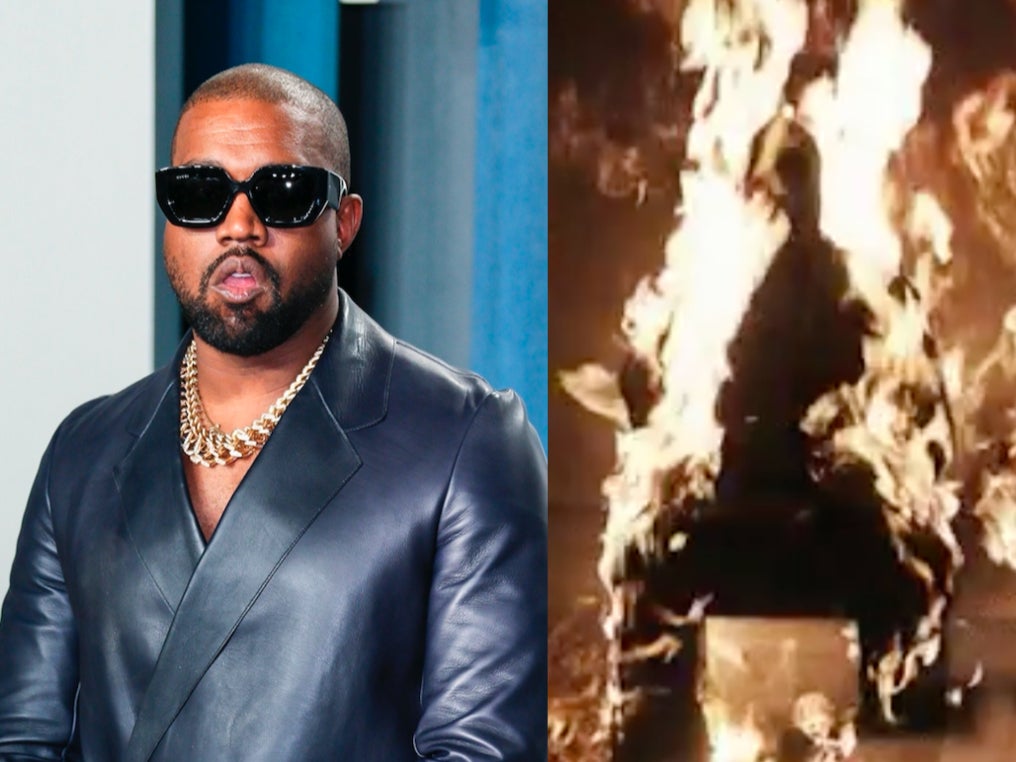 Kanye West (pictured left at the Vanity Fair Oscar Party in 2020) set himself on fire during an event for his forthcoming album ‘Donda’ (right)