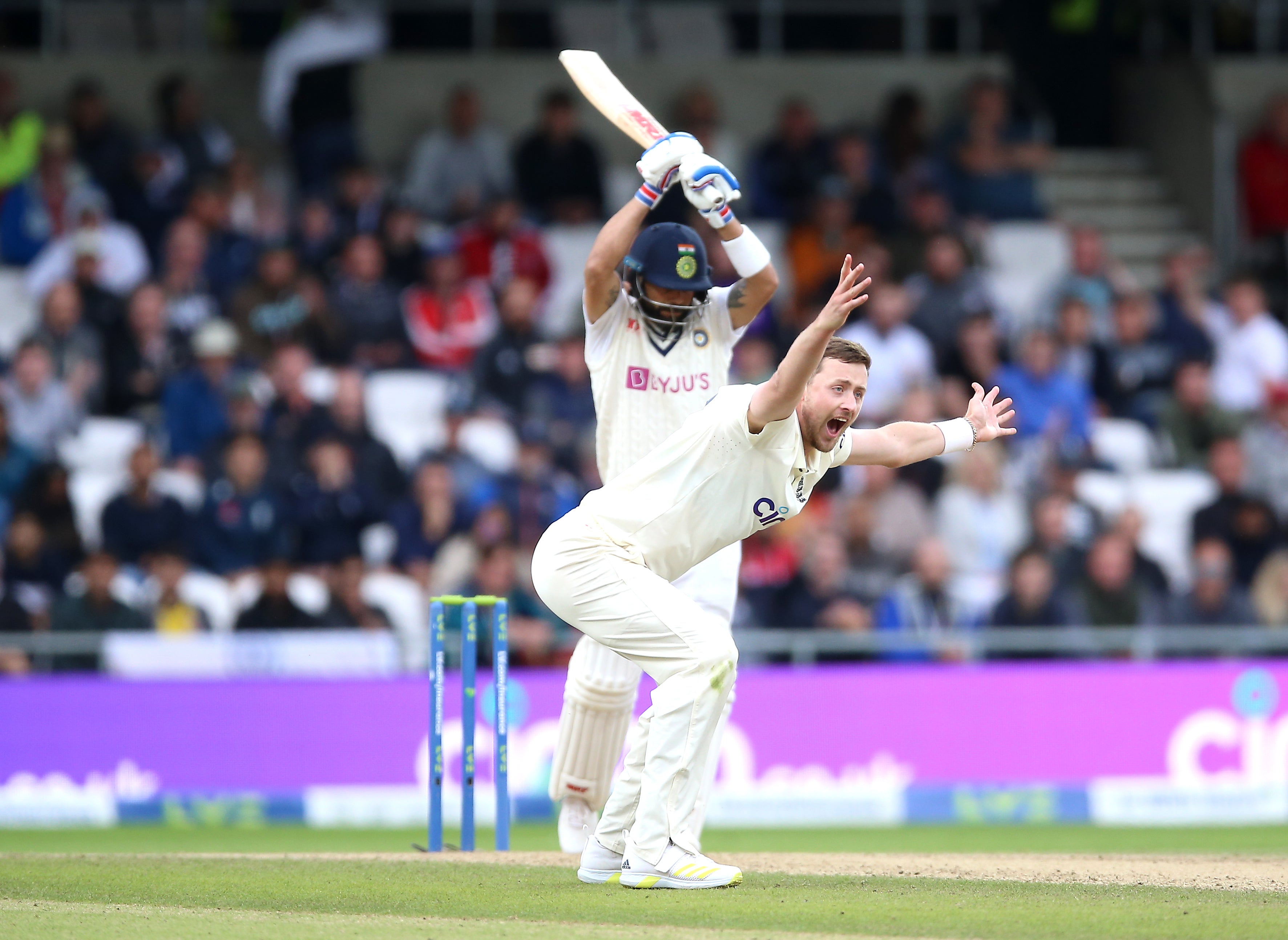 Ollie Robinson unsuccessfully appeals for the wicket of Virat Kohli (Nigel French/PA)