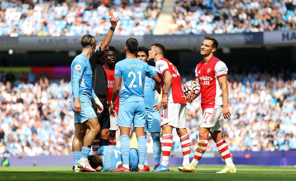 Arsenal’s Granit Xhaka is shown a red card