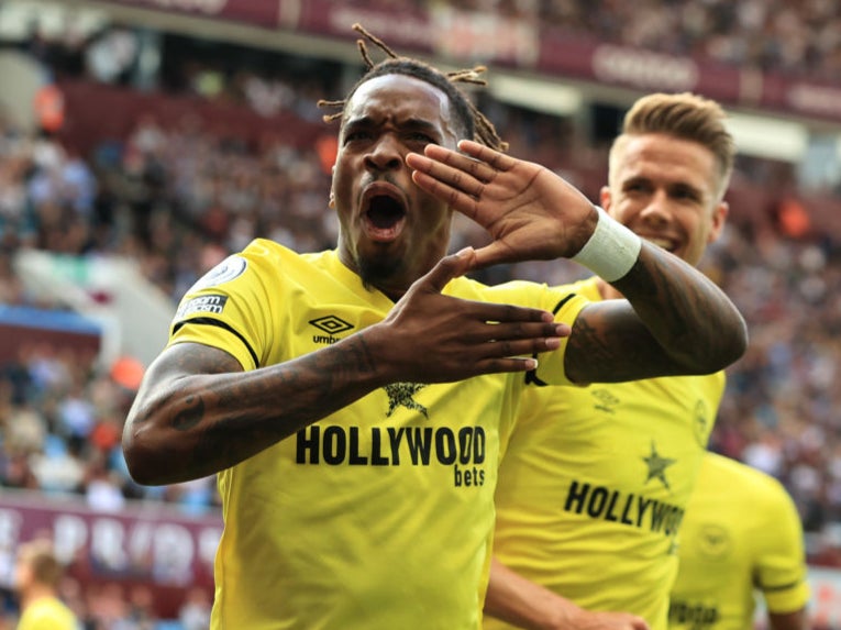 Ivan Toney celebrates scoring against Aston Villa