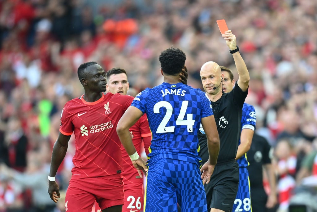 Reece James is shown a red card