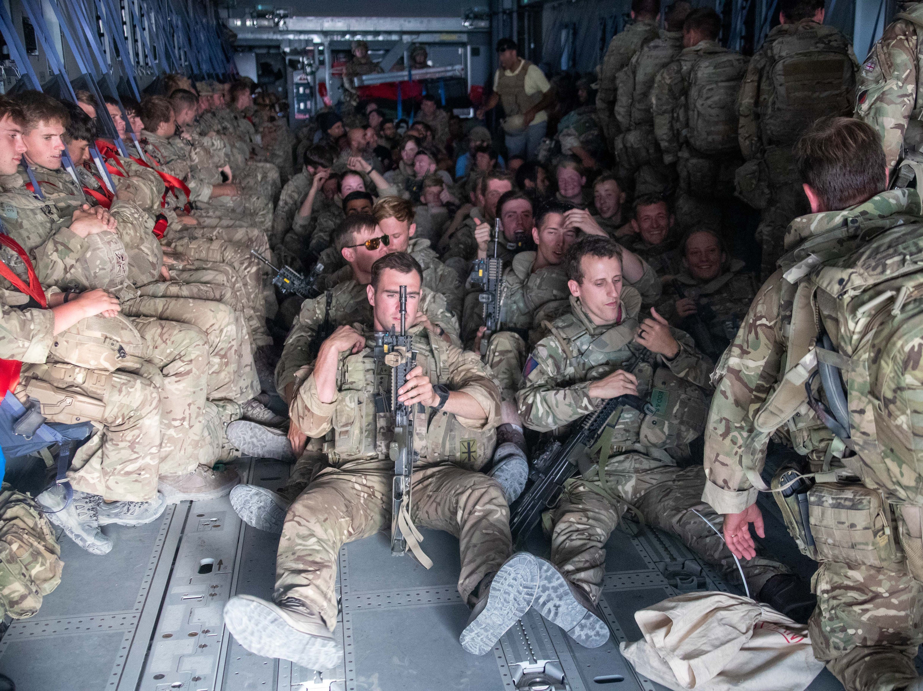 UK military personnel onboard a A400M aircraft departing from Kabul on Saturday