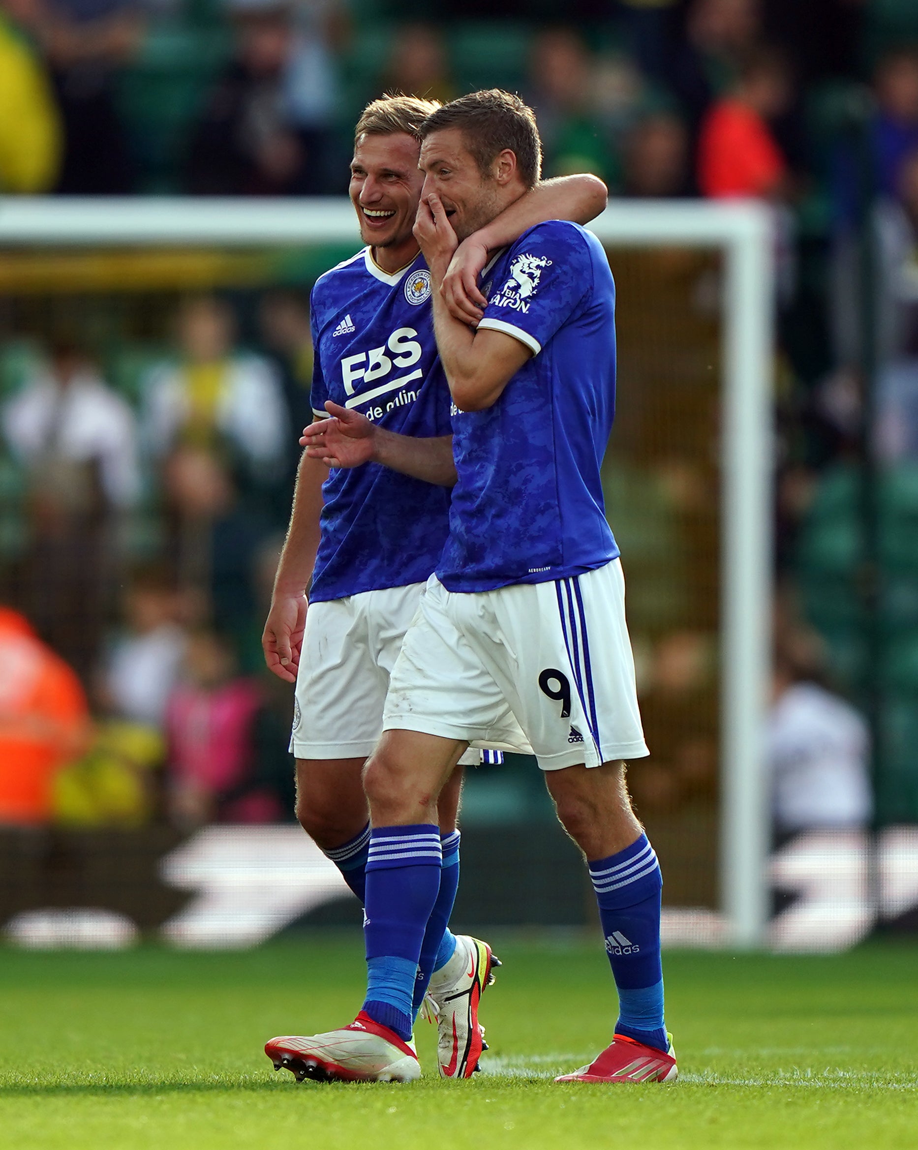 Leicester goalscorers Marc Albrighton (left) and Jamie Vardy after the win at Norwich (Joe Giddens/PA)