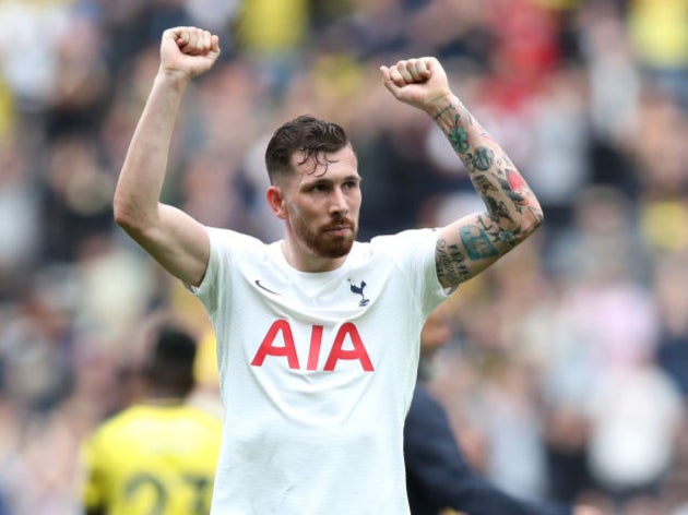 Pierre-Emile Hojbjerg interacts with the crowd following Tottenham’s victory on Sunday
