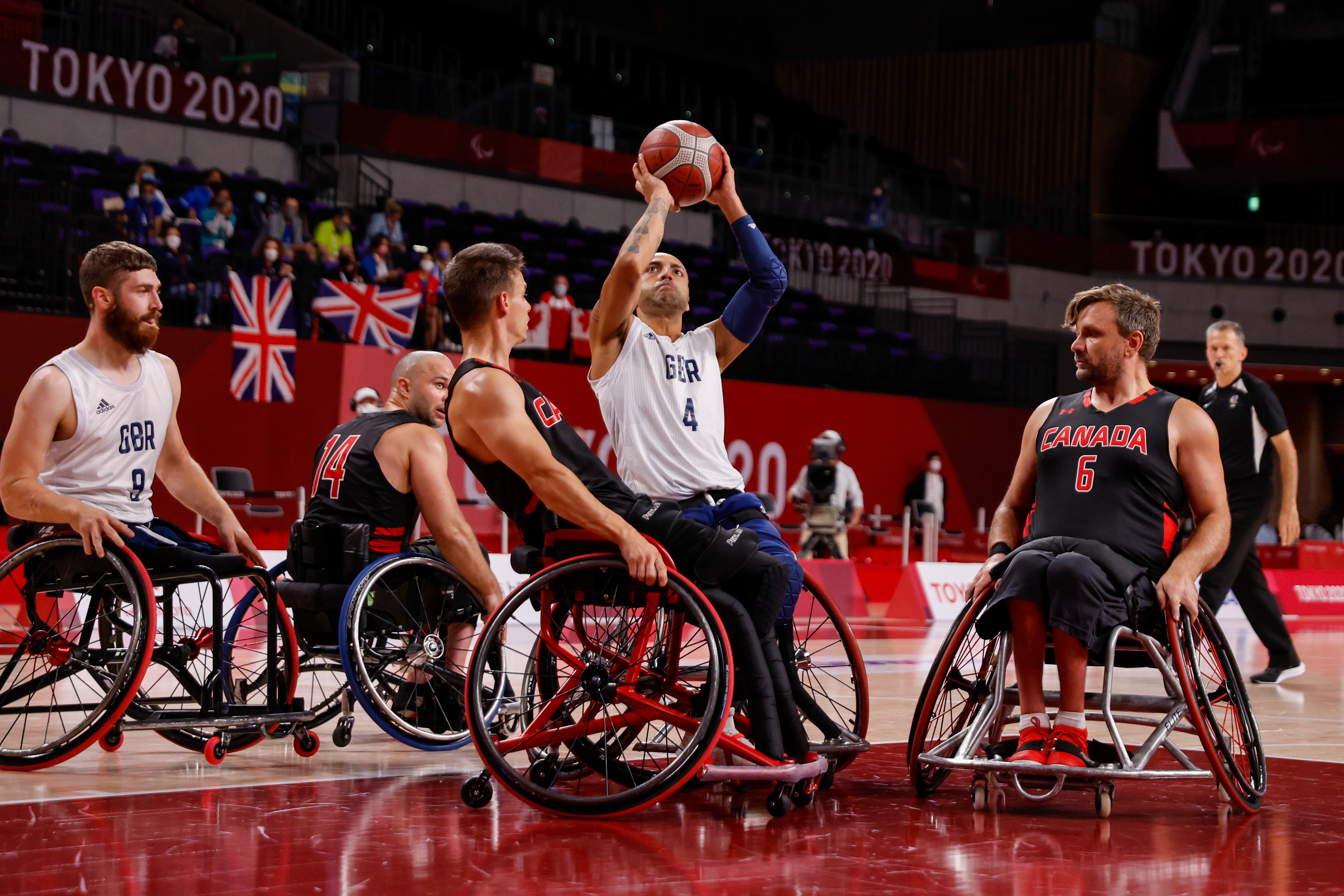 Player-coach Gaz Choudhry shoots in the quarter-final win over Canada