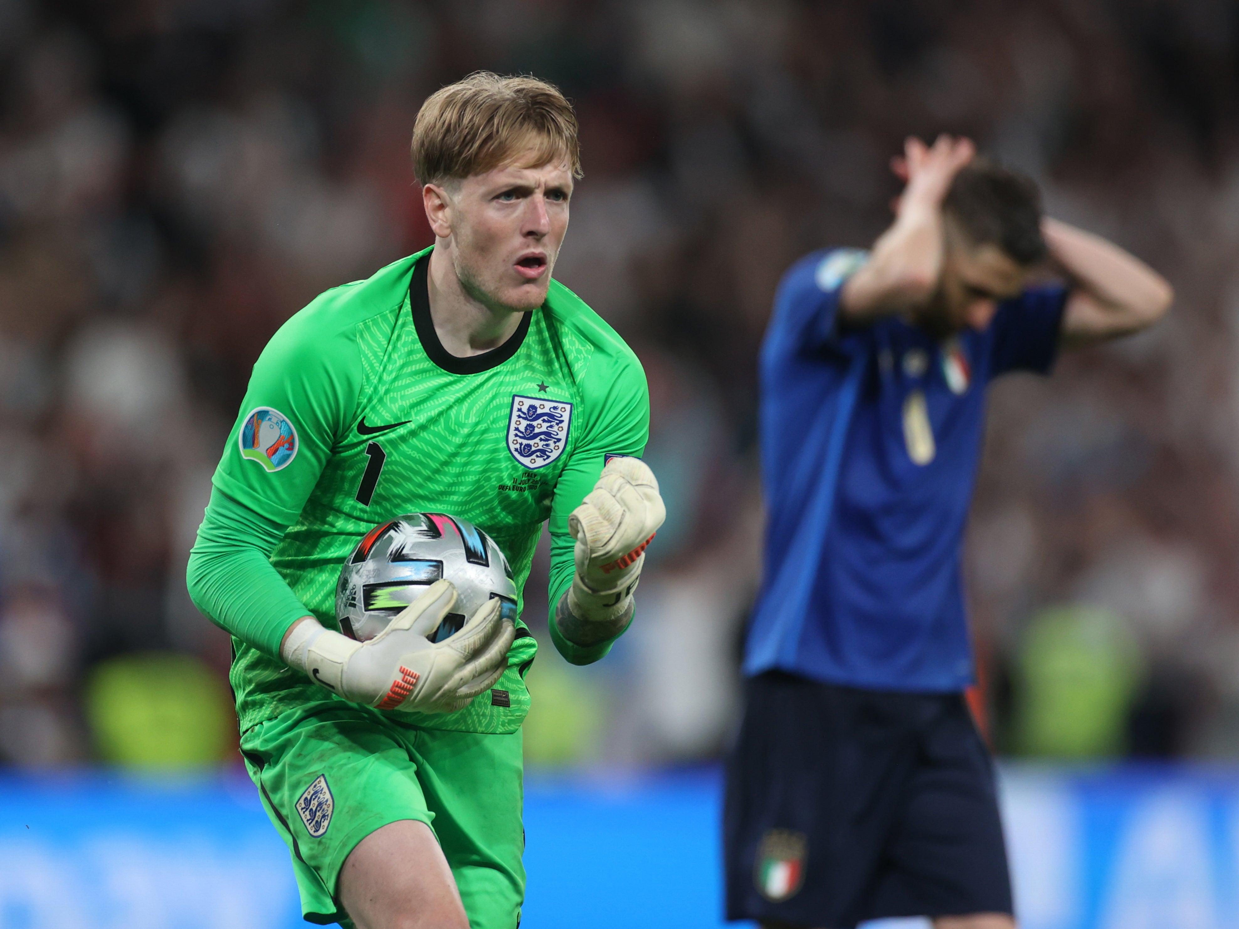 Jordan Pickford celebrates saving Jorginho’s penalty in the Euro 2020 final shootout