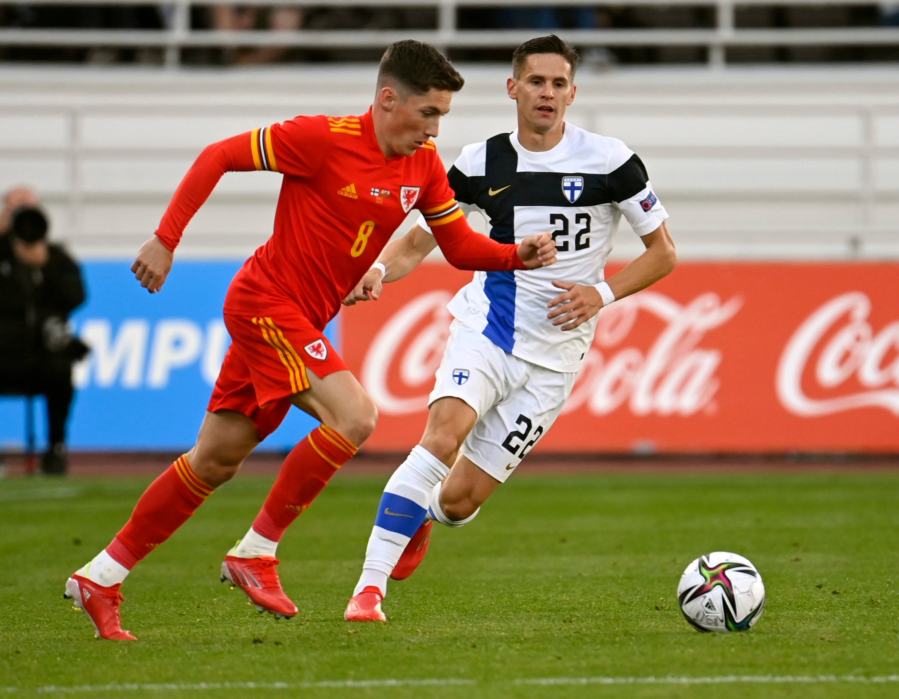 Harry Wilson (left) saw his first-half penalty saved in Wales’ 0-0 draw against Cardiff (Antti Aimo-Koivisto/Lehtikuva via AP)