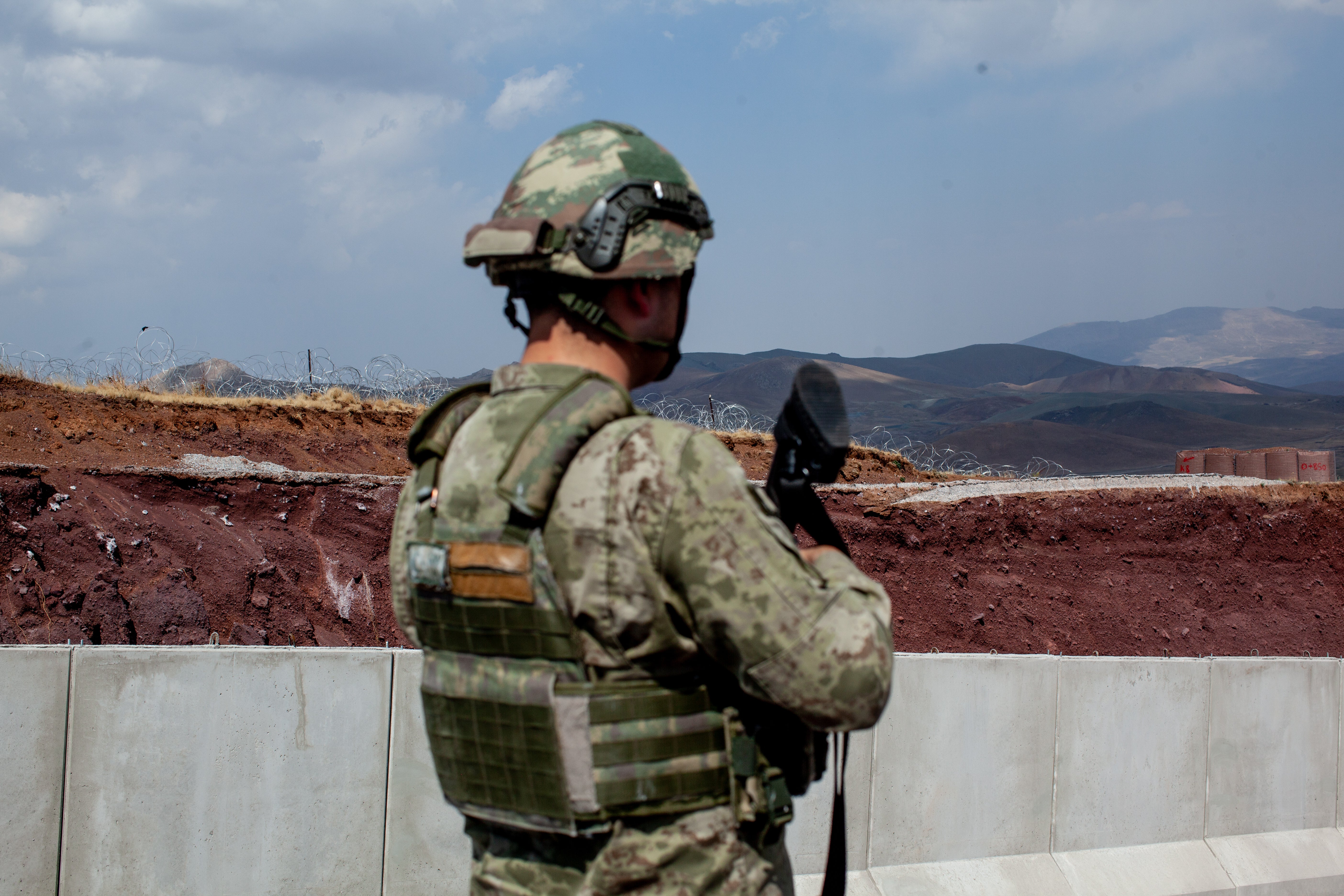 Parts of the 64 km wall Turkey is building on its border with Iran