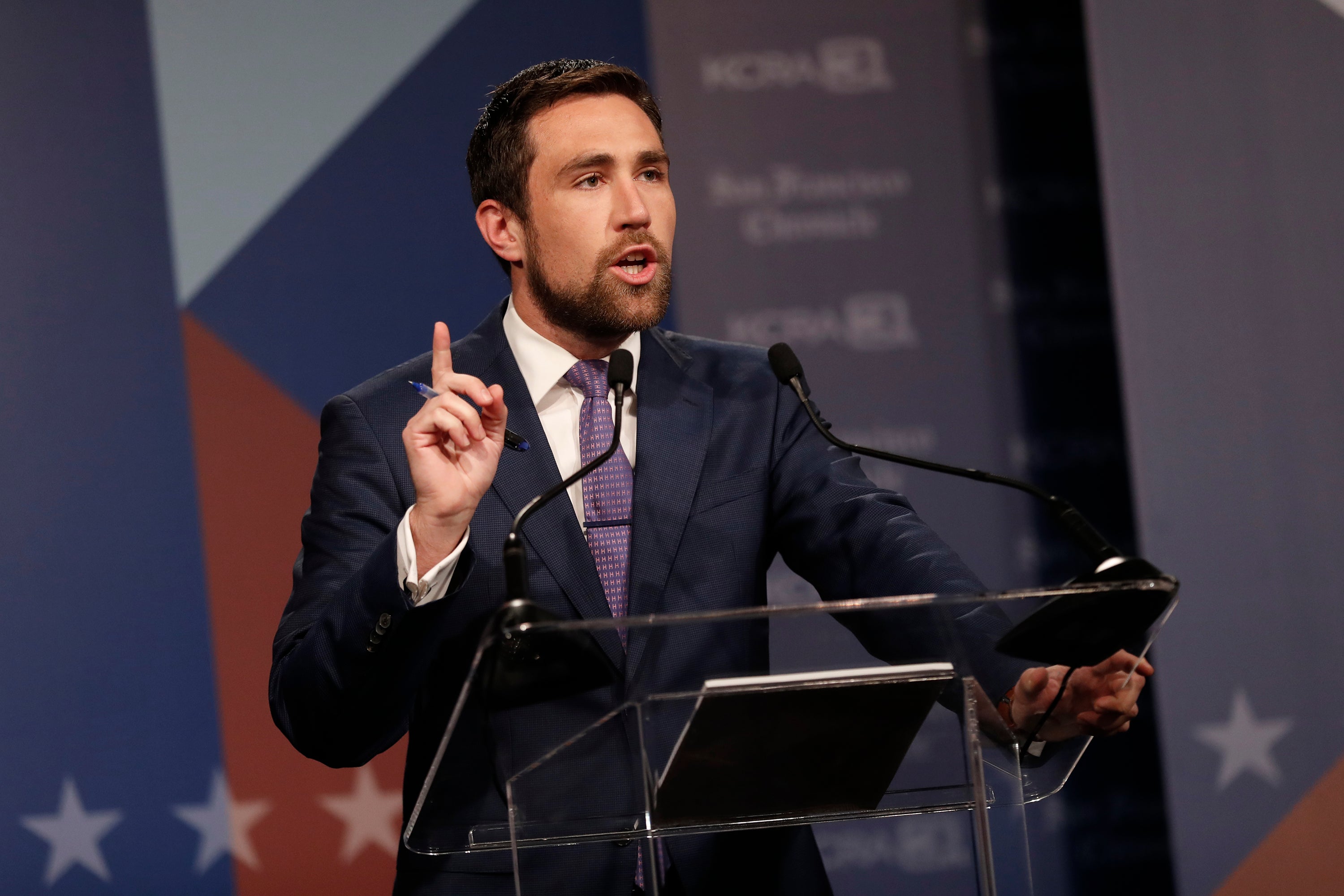 Democrat Kevin Paffrath speaks at a debate of California gubernatorial recall election candidates hosted by KCRA 3 and the San Francisco Chronicle on August 25, 2021 in San Francisco, California