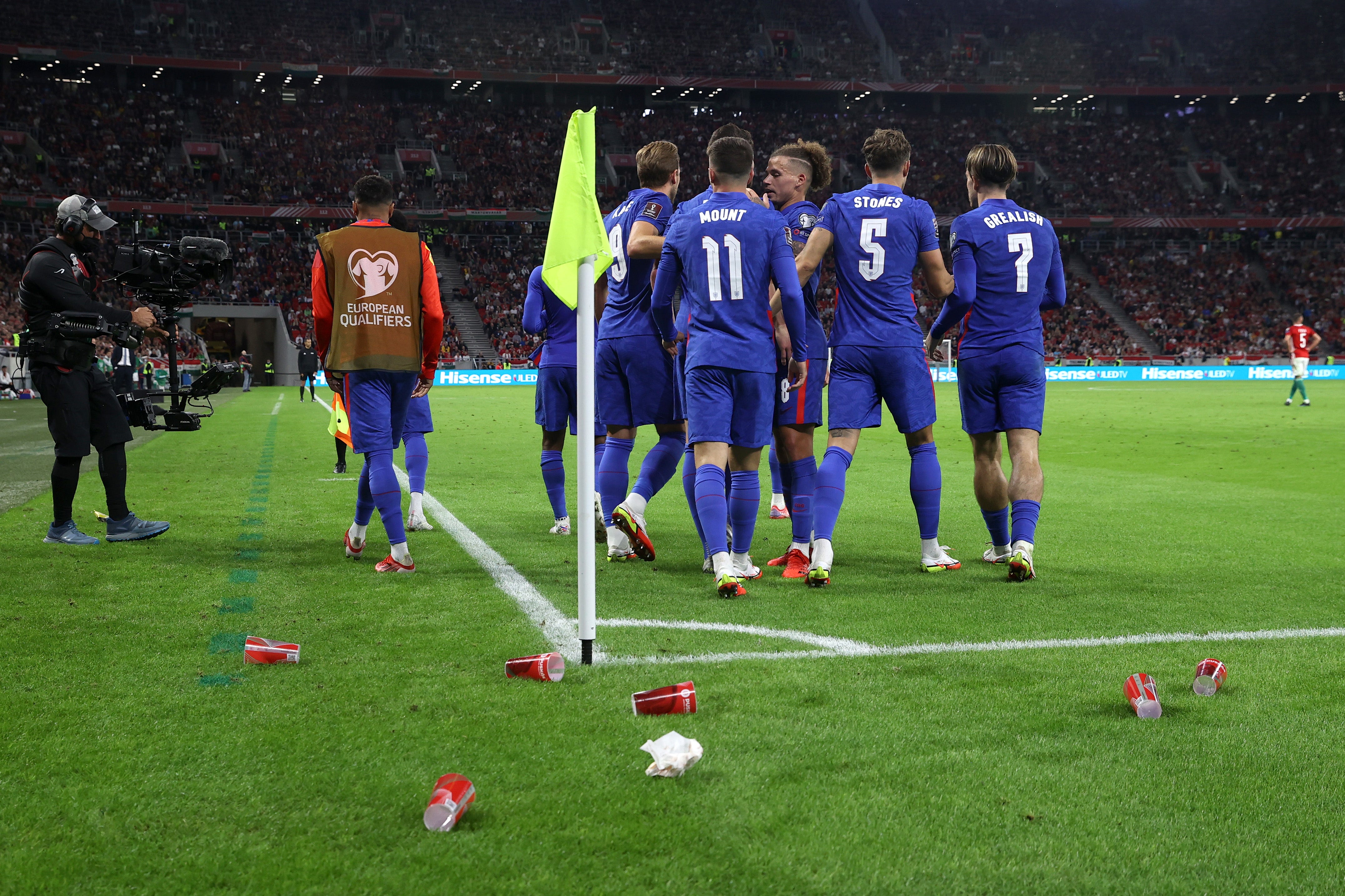 England’s players were also targeted by missiles at the Puskas Arena