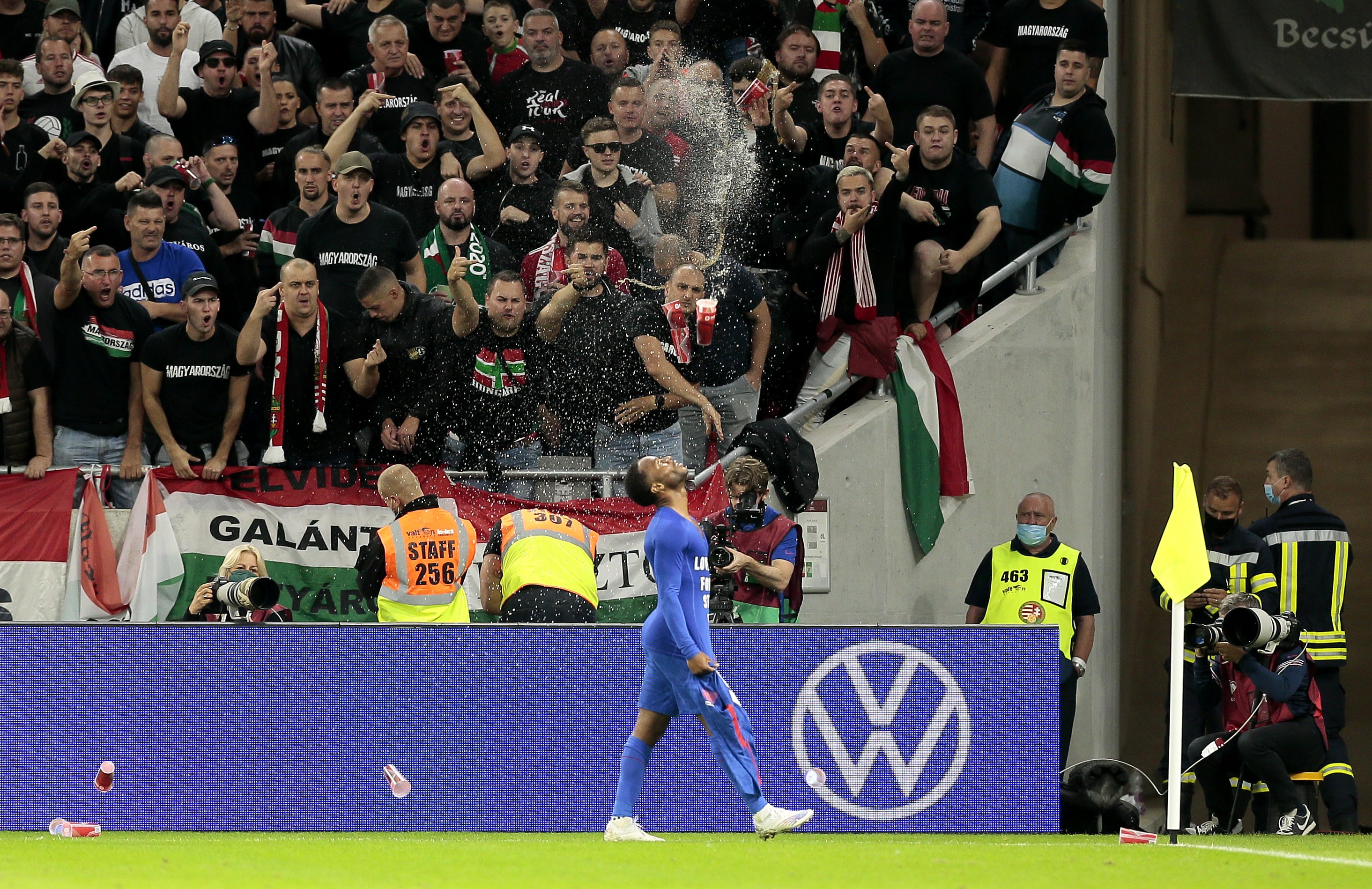 Raheem Sterling was pelted with missiles as he celebrating scoring for England (Attila Trenka/PA)