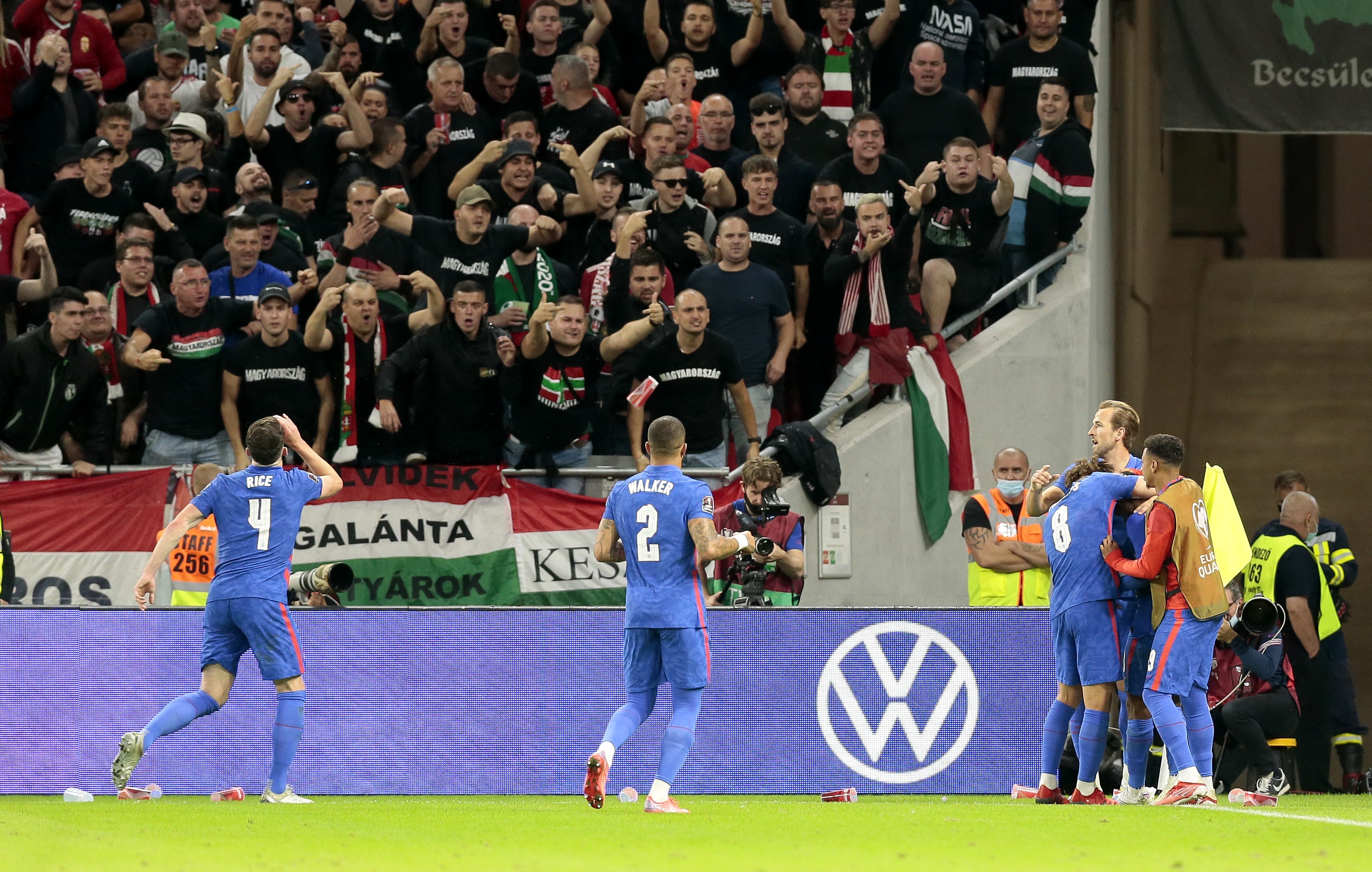 England celebrate Raheem Sterling’s opening goal in Budapest (Attila Trenka/PA).