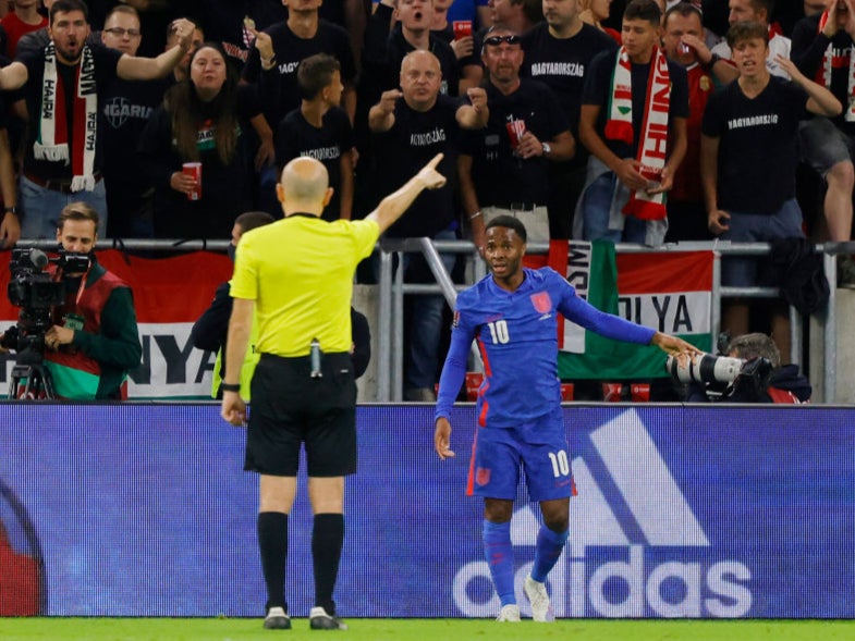 Raheem Sterling speaks to the referee during Thursday’s World Cup qualifier in Budapest