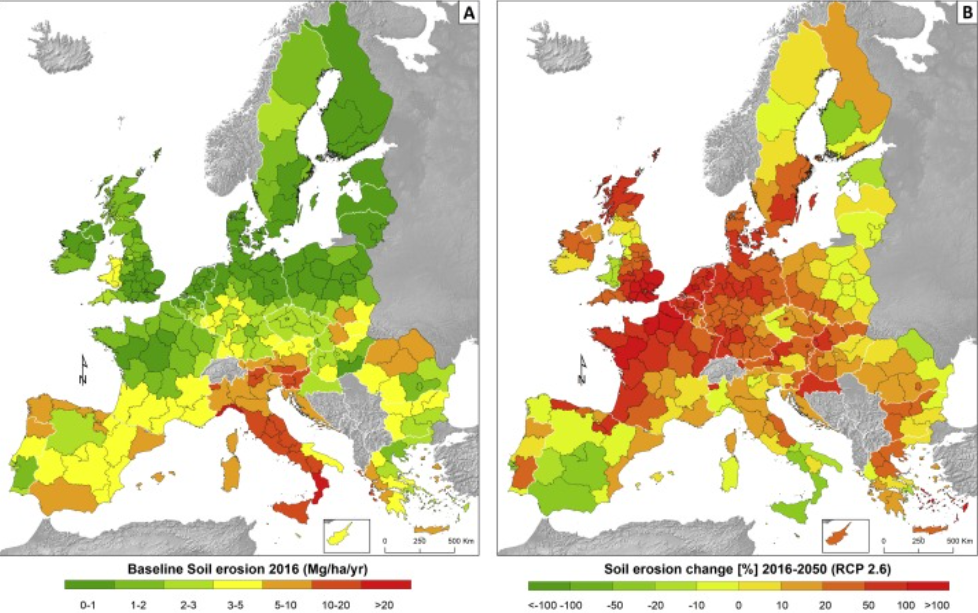 Left, the 2016 baseline and right, the changes in soil erosion by 2050