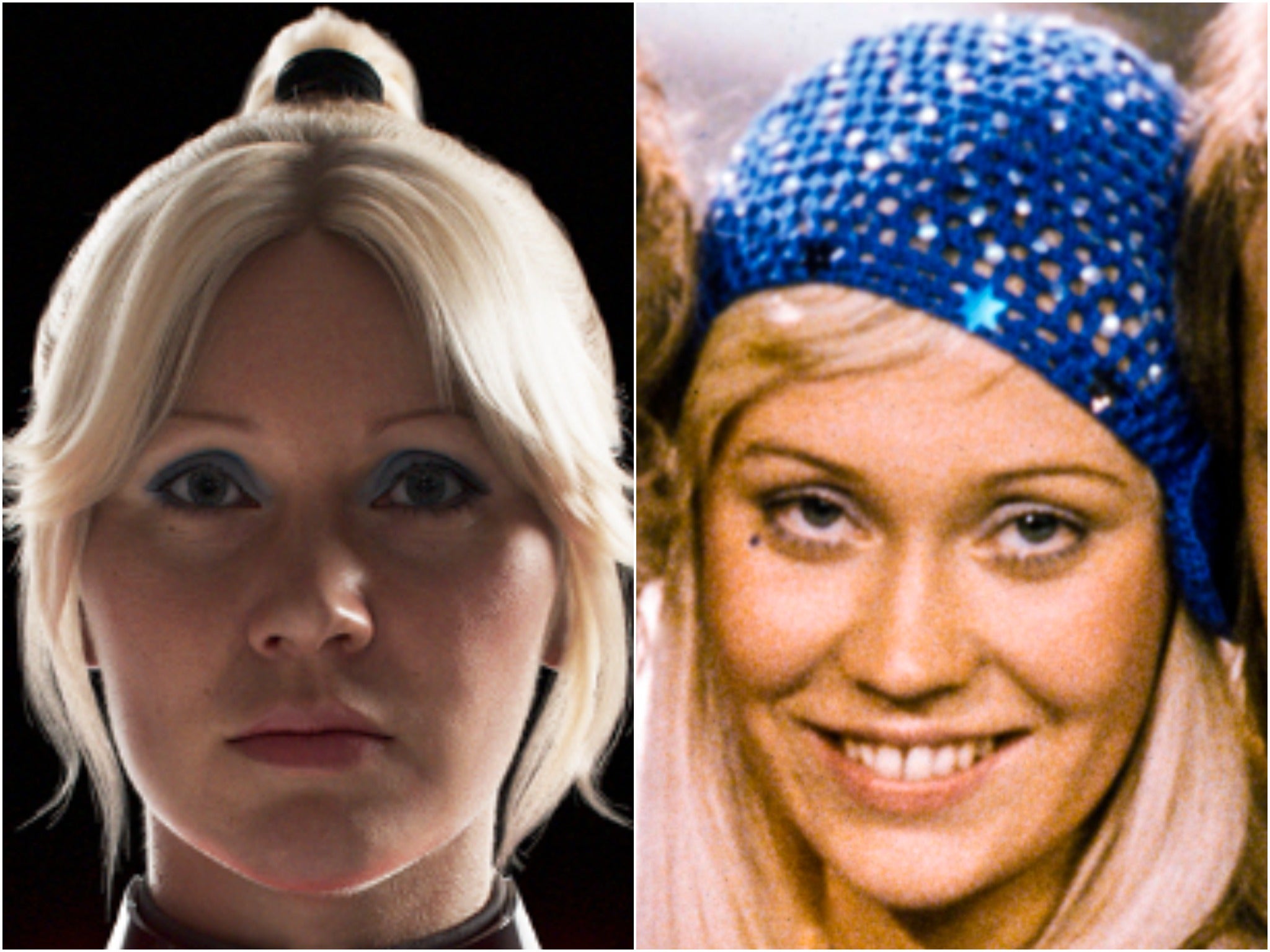 Agnetha Faltskog’s digital avatar, and the singer in the 1970s