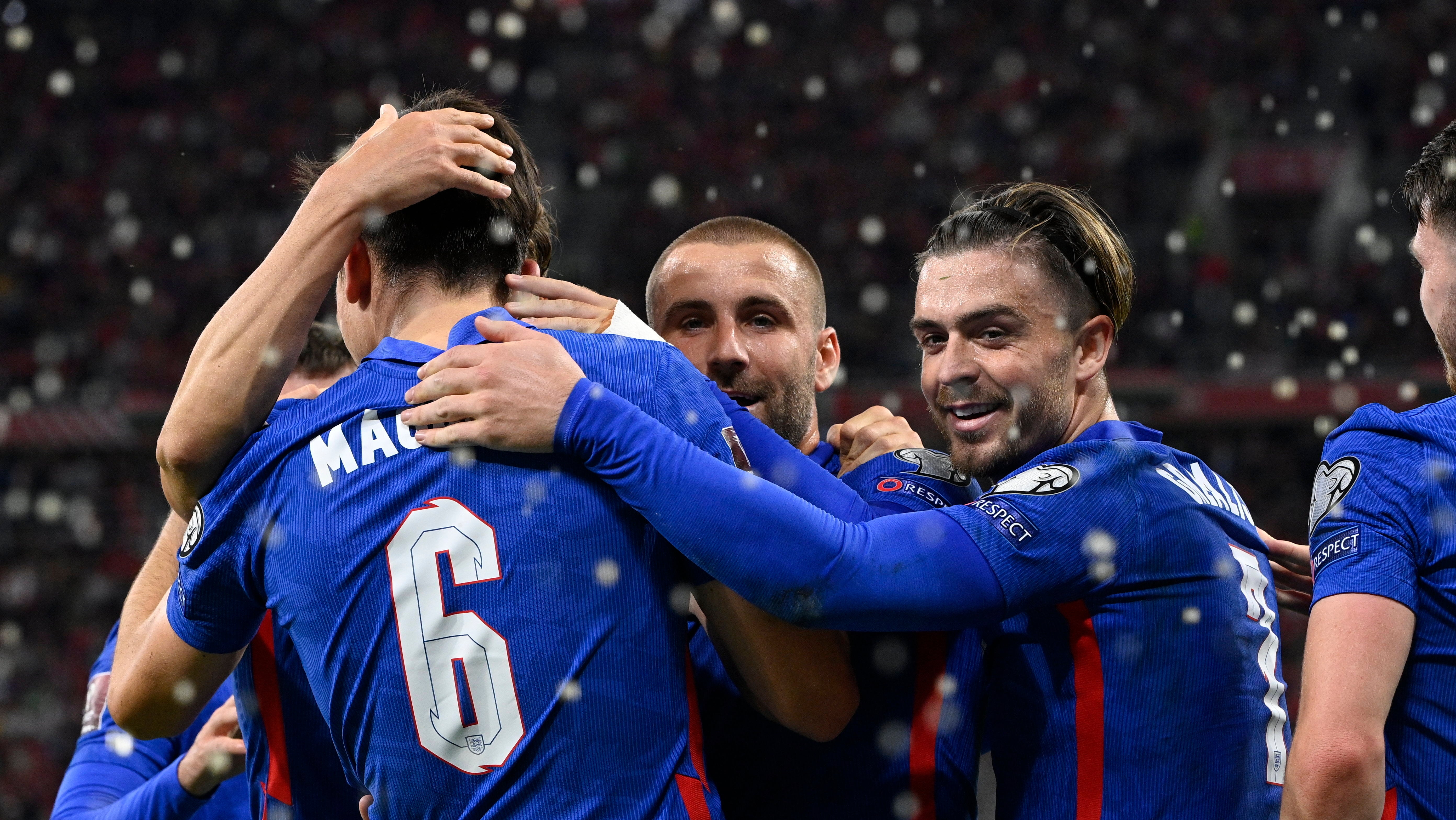 Jack Grealish (right) and England celebrated a 4-0 win on Thursday night (Zsolt Szigetvar/AP)