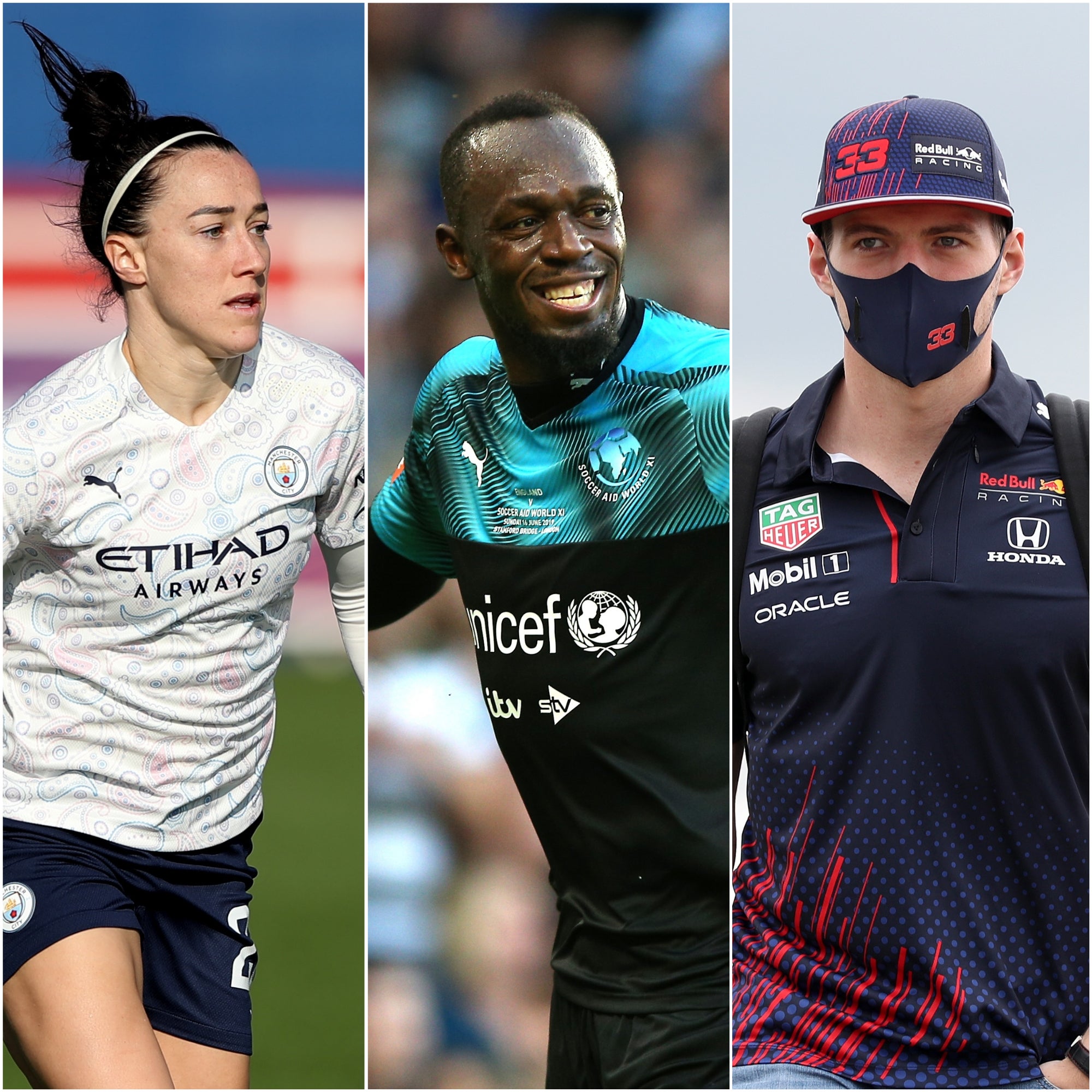 Lucy Bronze (left) Usain Bolt and Max Verstappen (Nick Potts/Nigel French/Bradley Collyer/PA)