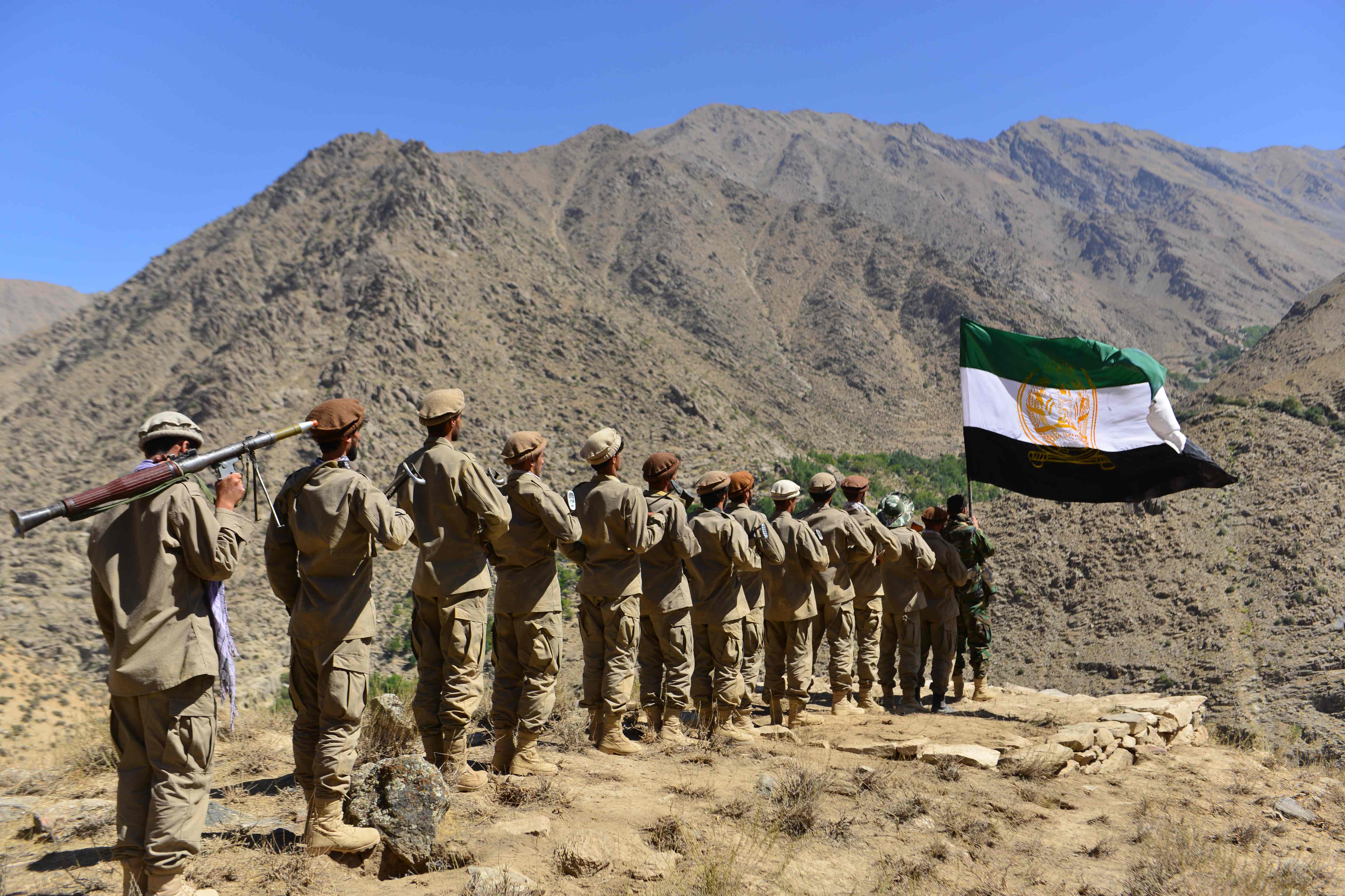 Afghan resistance movement and anti-Taliban forces take part in military training in the Dara district in Panjshir