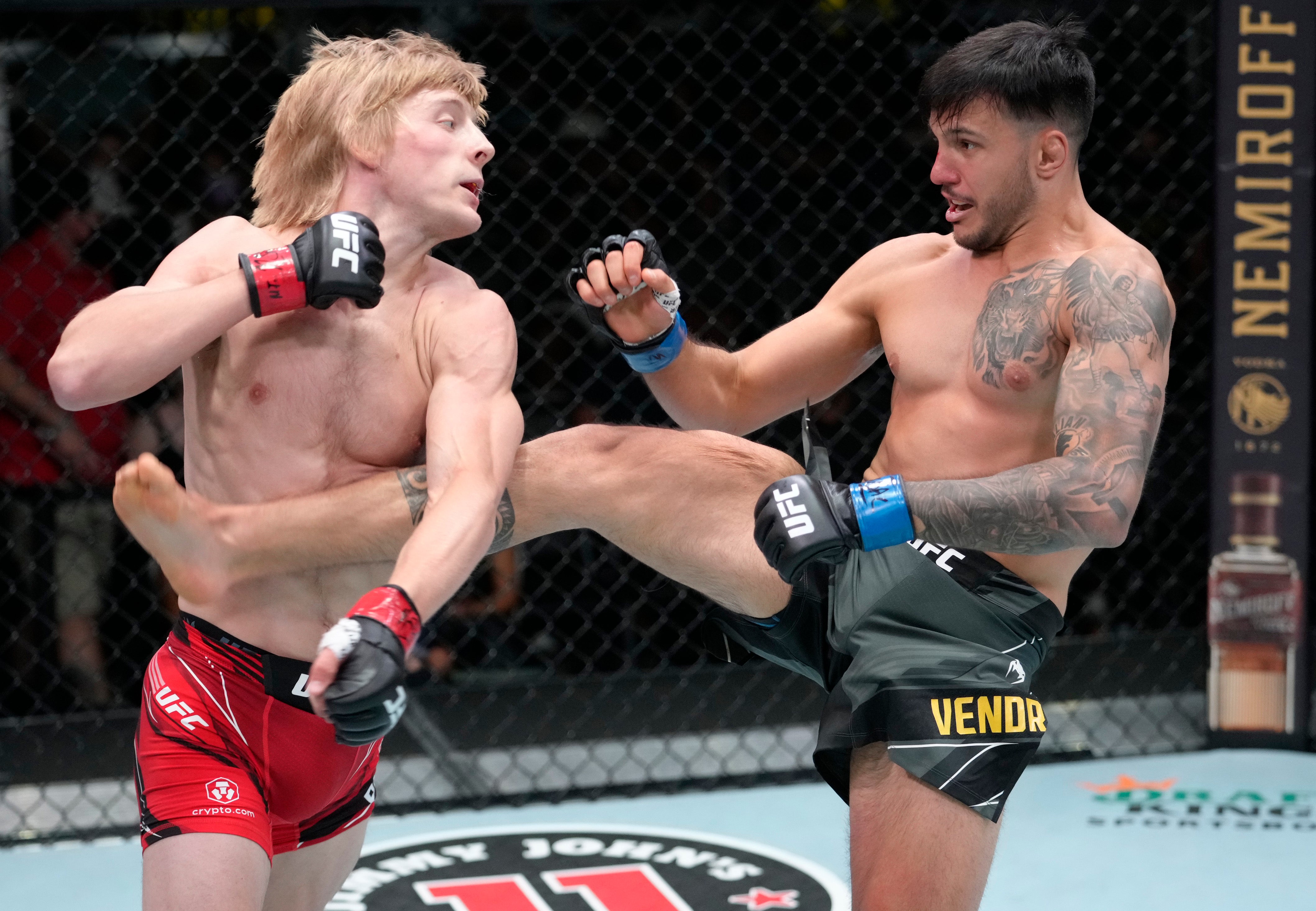 Paddy Pimblett (left) won his UFC debut by knocking out Luigi Vendramini