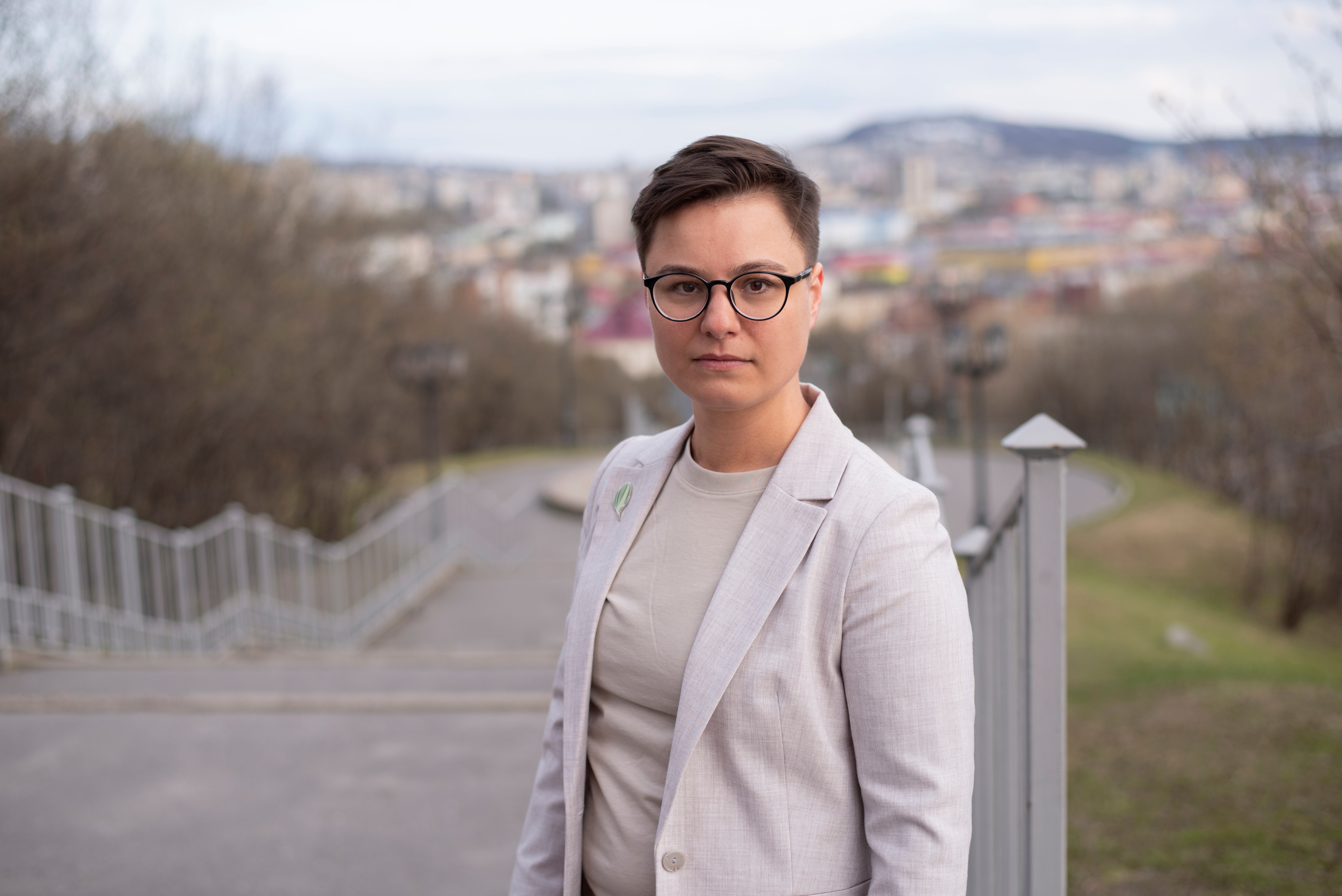 Opposition activist Violetta Grudina poses for a photo in Murmansk, Russia