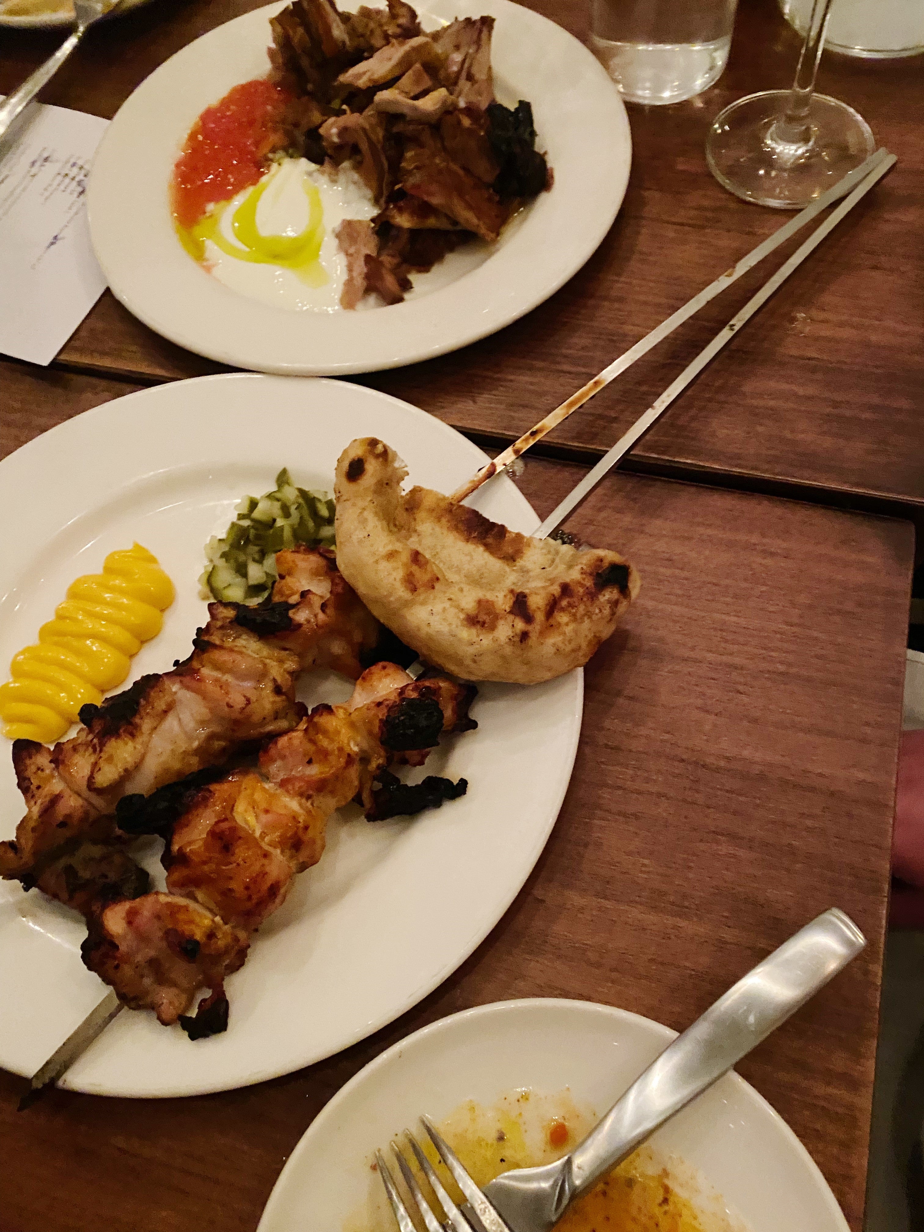 Chicken thigh shish arrived on inexplicably enormous metal skewers