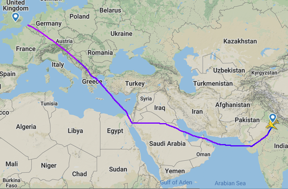 Long way home: the flightpath of British Airways flight BA256 from Delhi to London