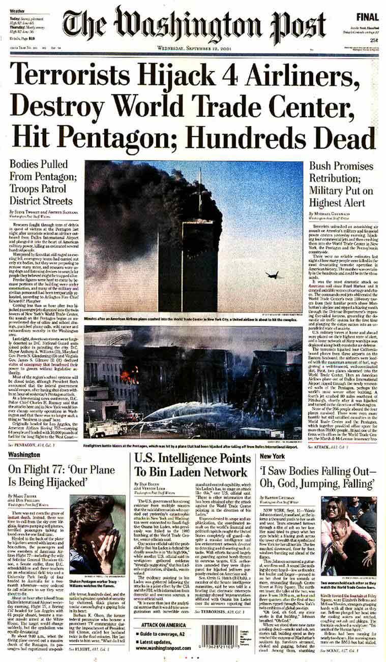 The Washington Post’s front page on 12 September, 2001