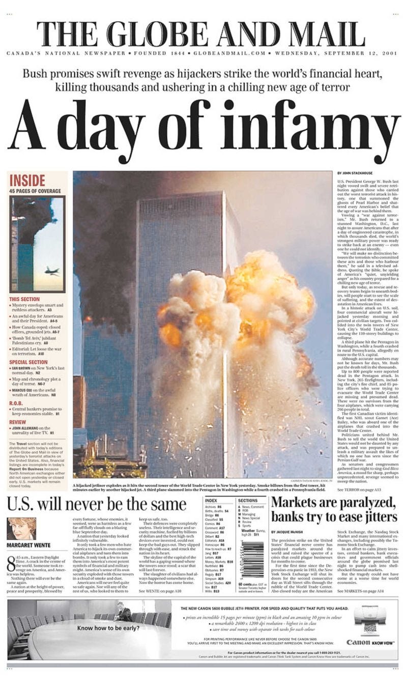 The Globe and Mail’s front page on 12 September, 2001