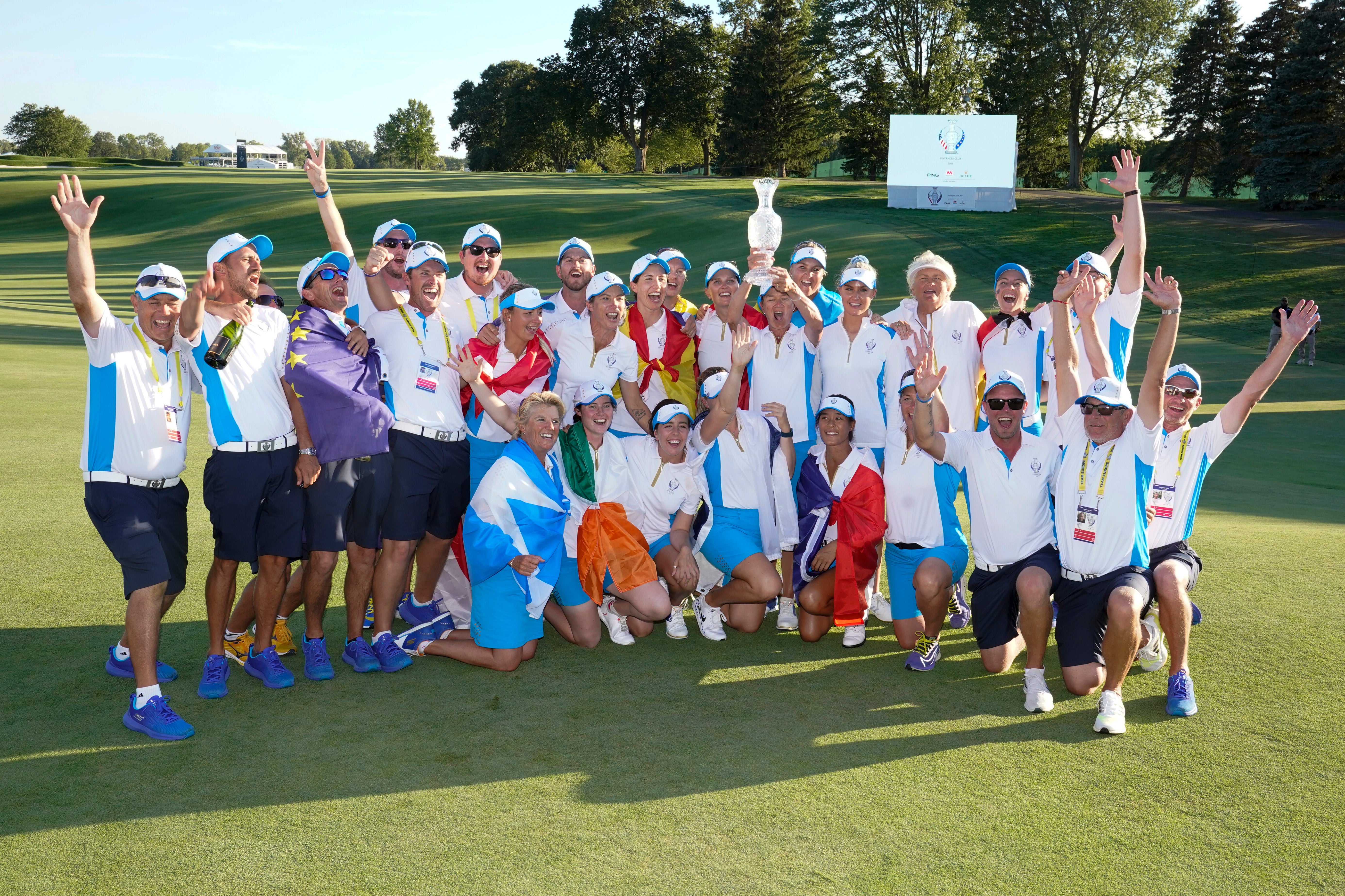 Team Europe poses after they defeated the United States at the Solheim Cup golf tournament (Carlos Osorio/AP)