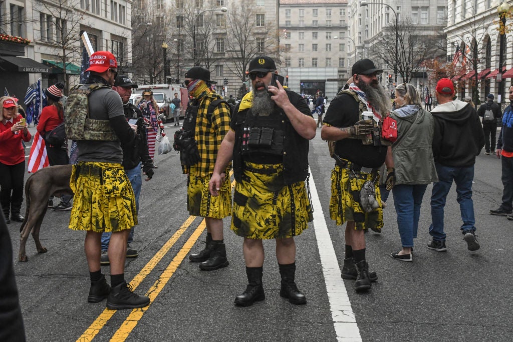 Members of the Proud Boys wearing kilts during a December protest in Washington