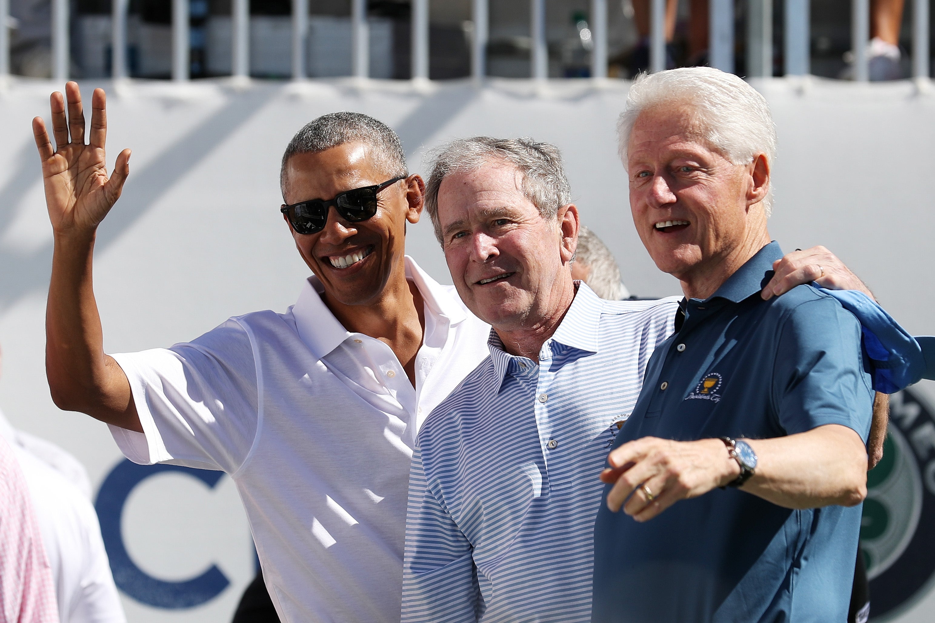 Former US presidents Barack Obama, George W Bush and Bill Clinton at an event in Jersey City in 2017