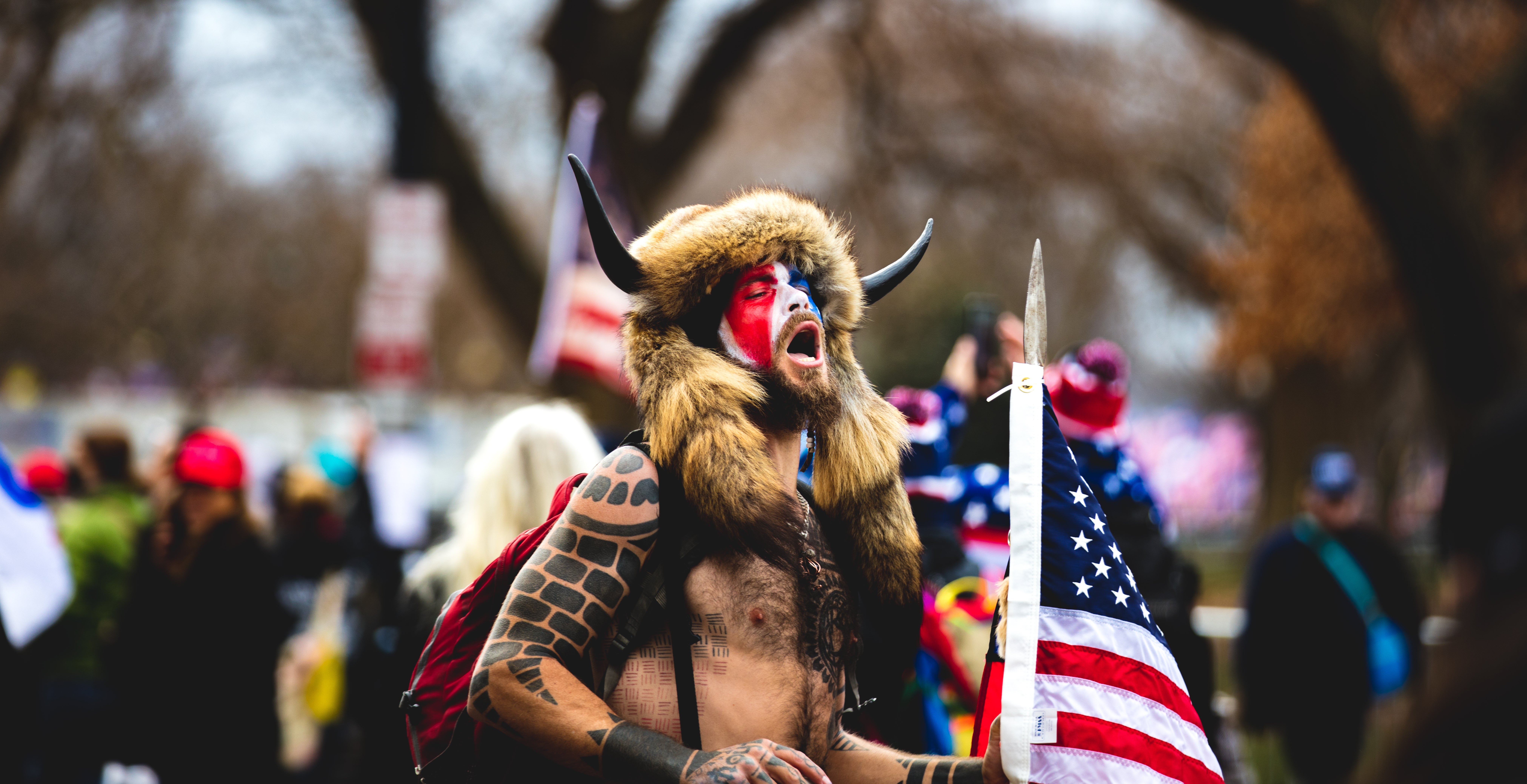 The ‘Q Sharman’ wearing Nordic attire at the Capitol Riot