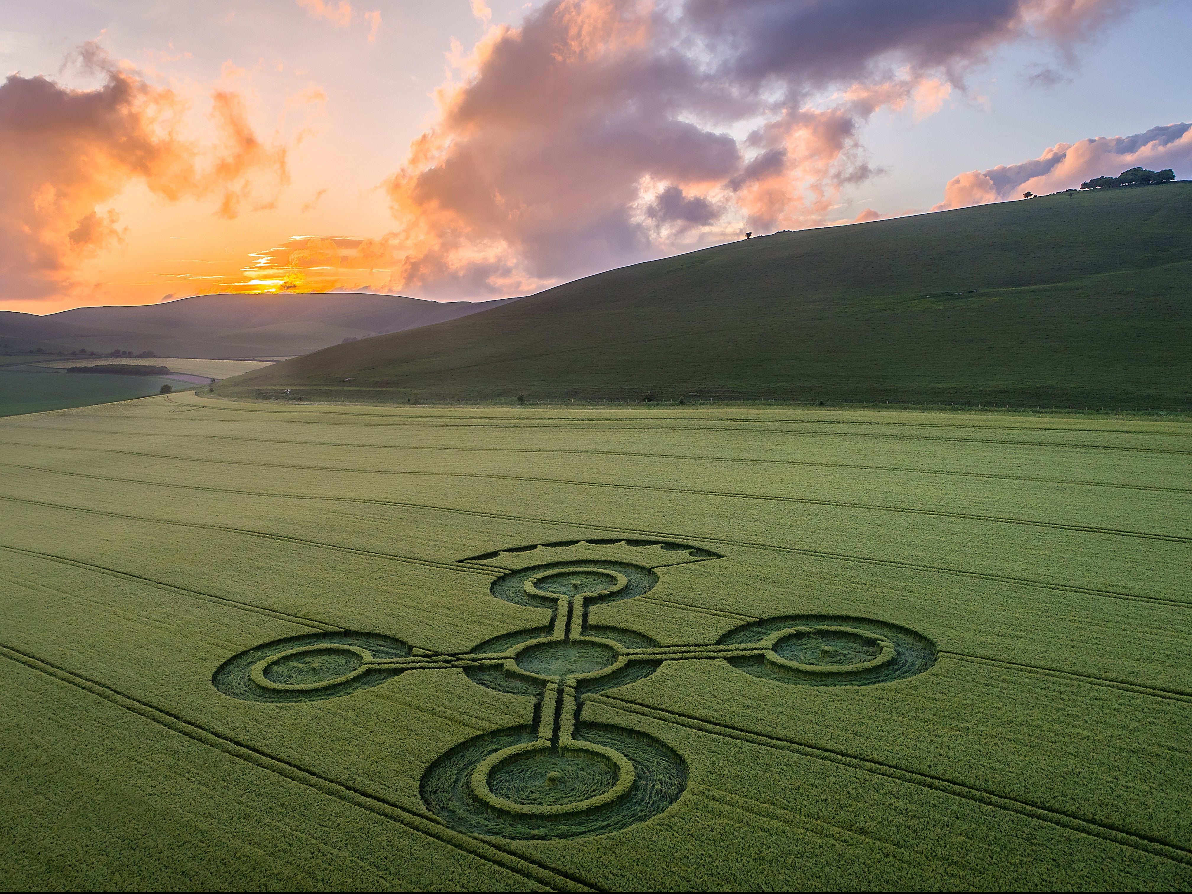 A crop circle at sunset