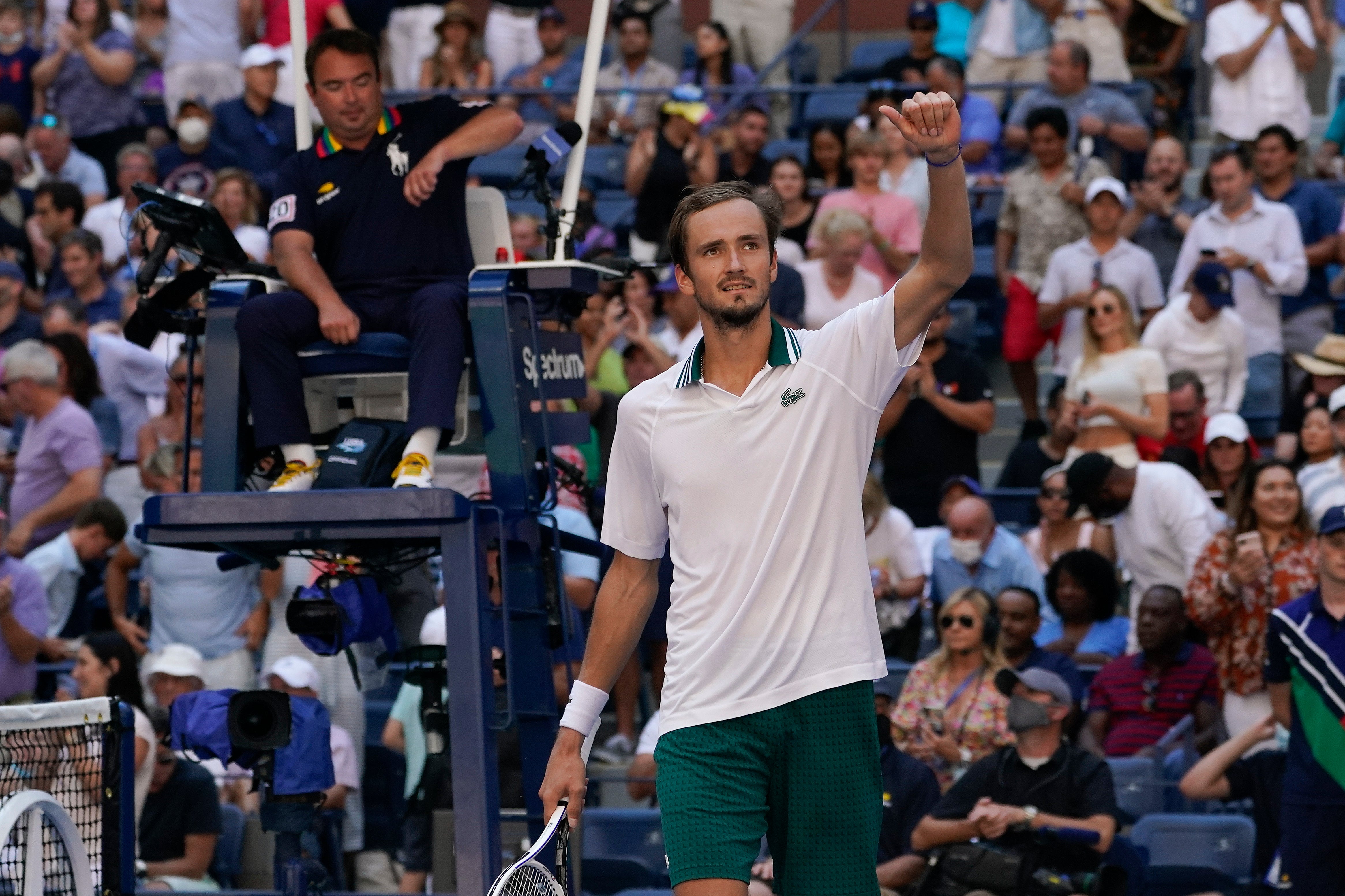 Daniil Medvedev celebrates beating Botic Van De Zandschulp (Elise Amendola/AP)