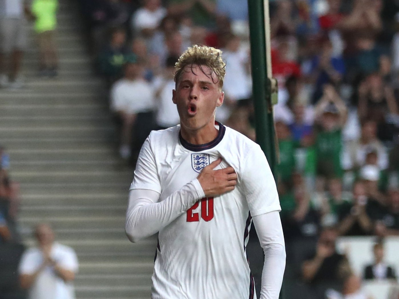 Cole Palmer celebrates putting England Under-21s two goals up (Bradley Collyer/PA).