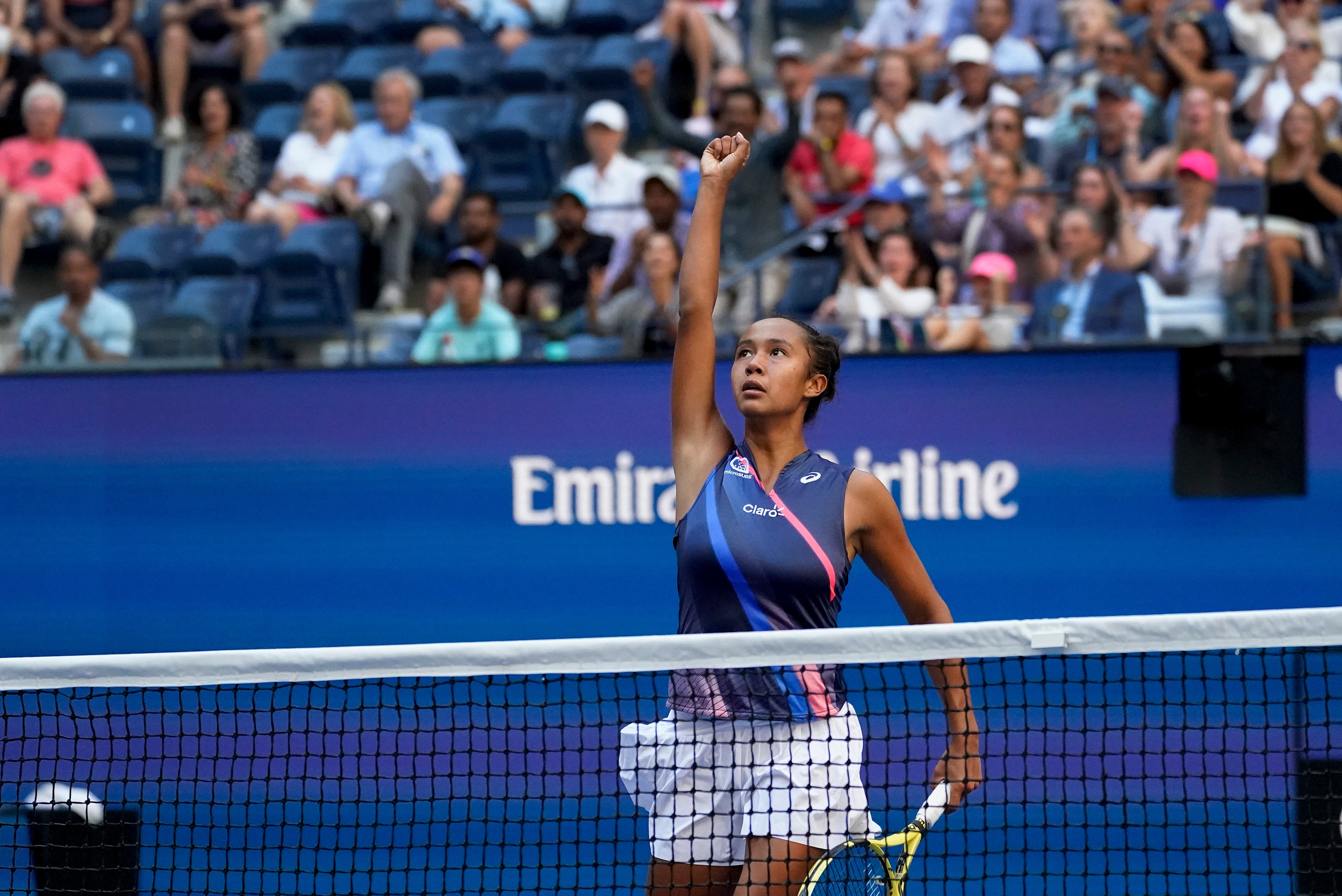 Leylah Fernandez celebrates winning a point against Elina Svitolina (Elise Amendola/AP)