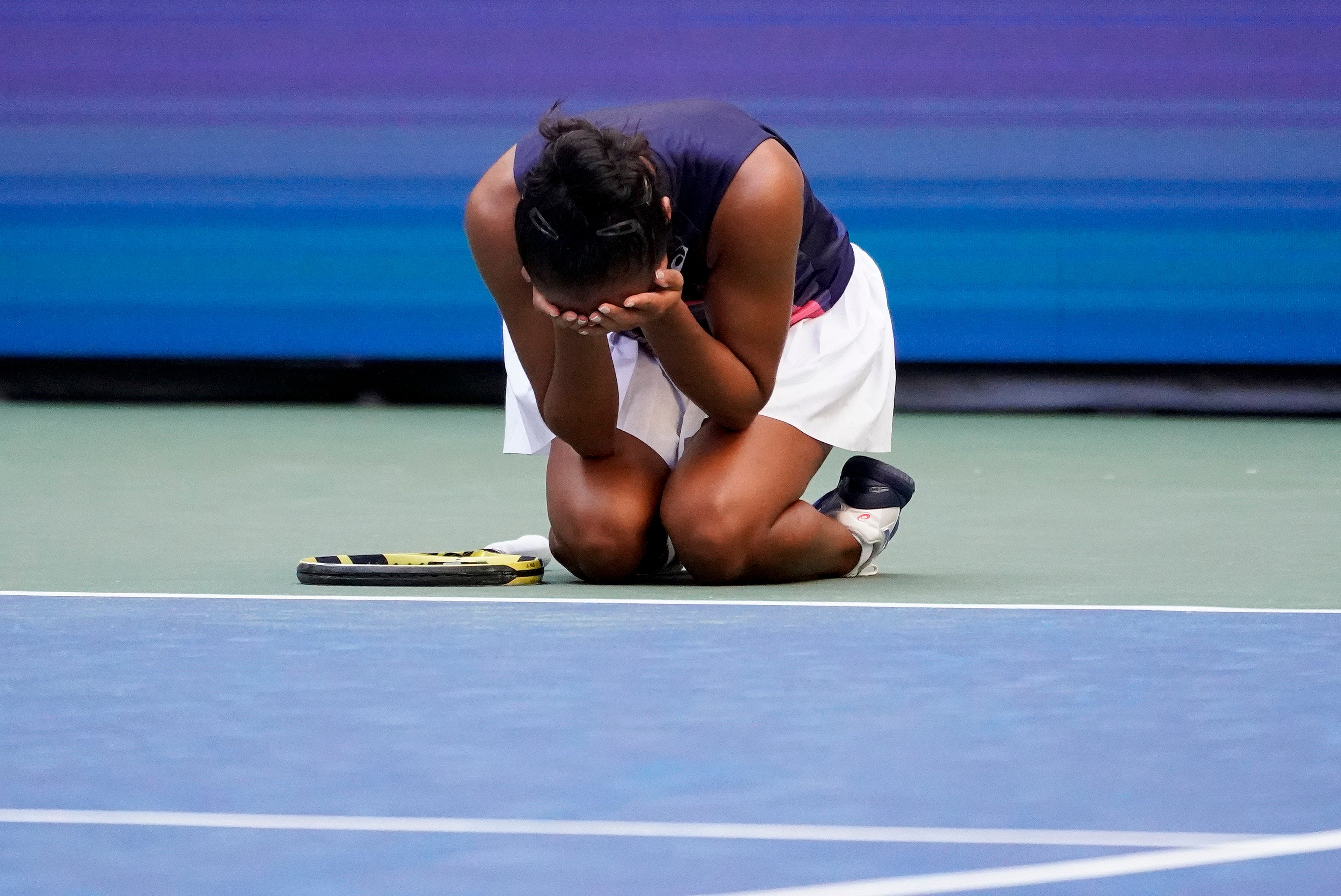 Leylah Fernandez reacts to her quarter-final win over Elina Svitolina (Elise Amendola/AP)