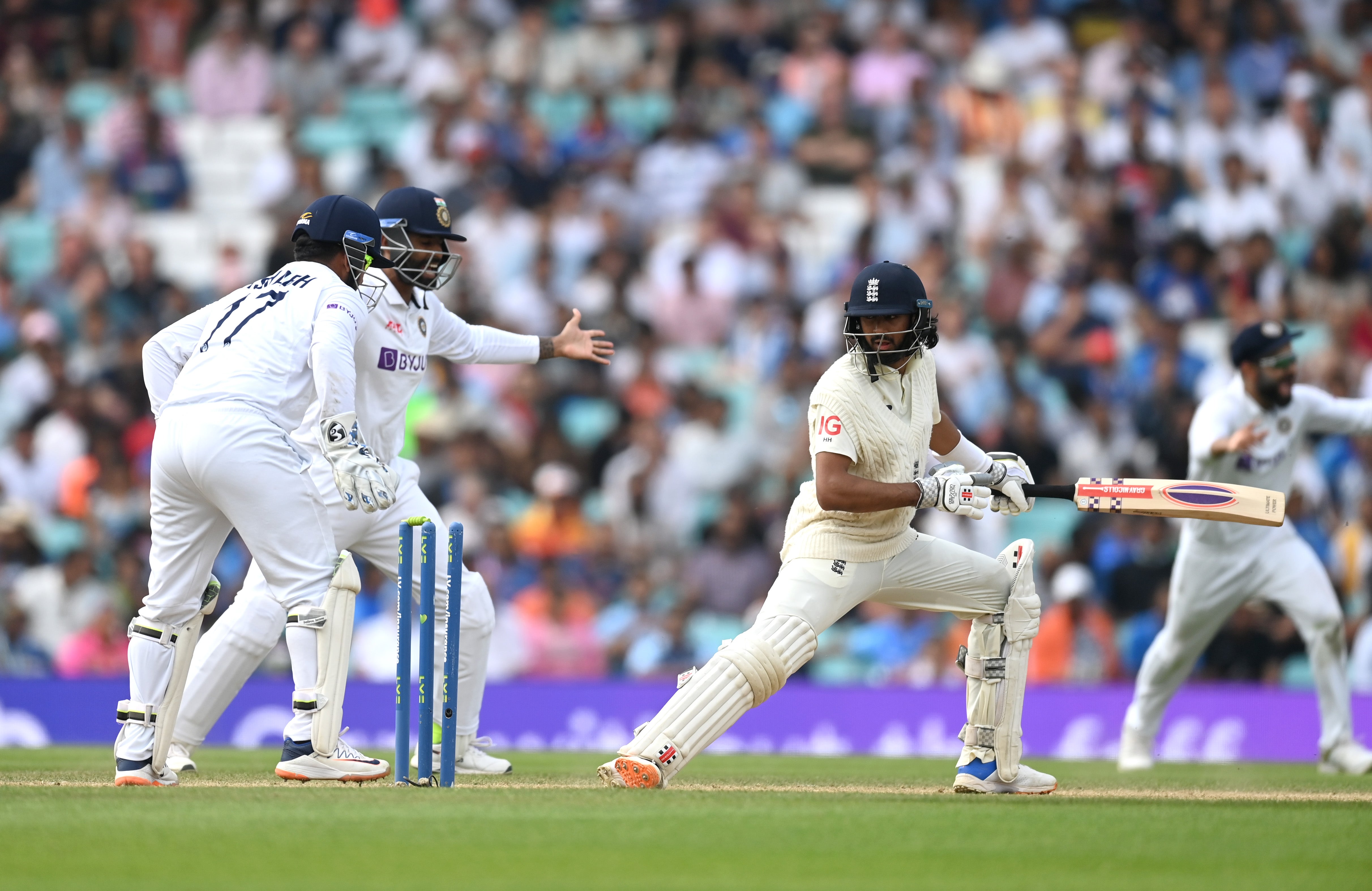 Hameed is bowled by Ravindra Ja in the fourth Test against India