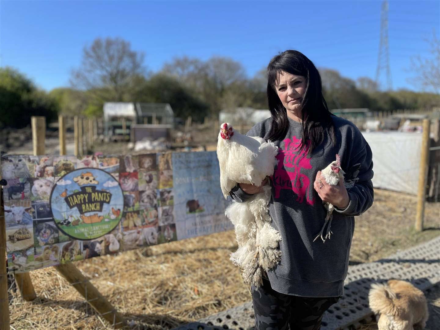 Founder Amey James, with cockerels, at The Happy Pants Ranch animal sanctuary at Bobbing