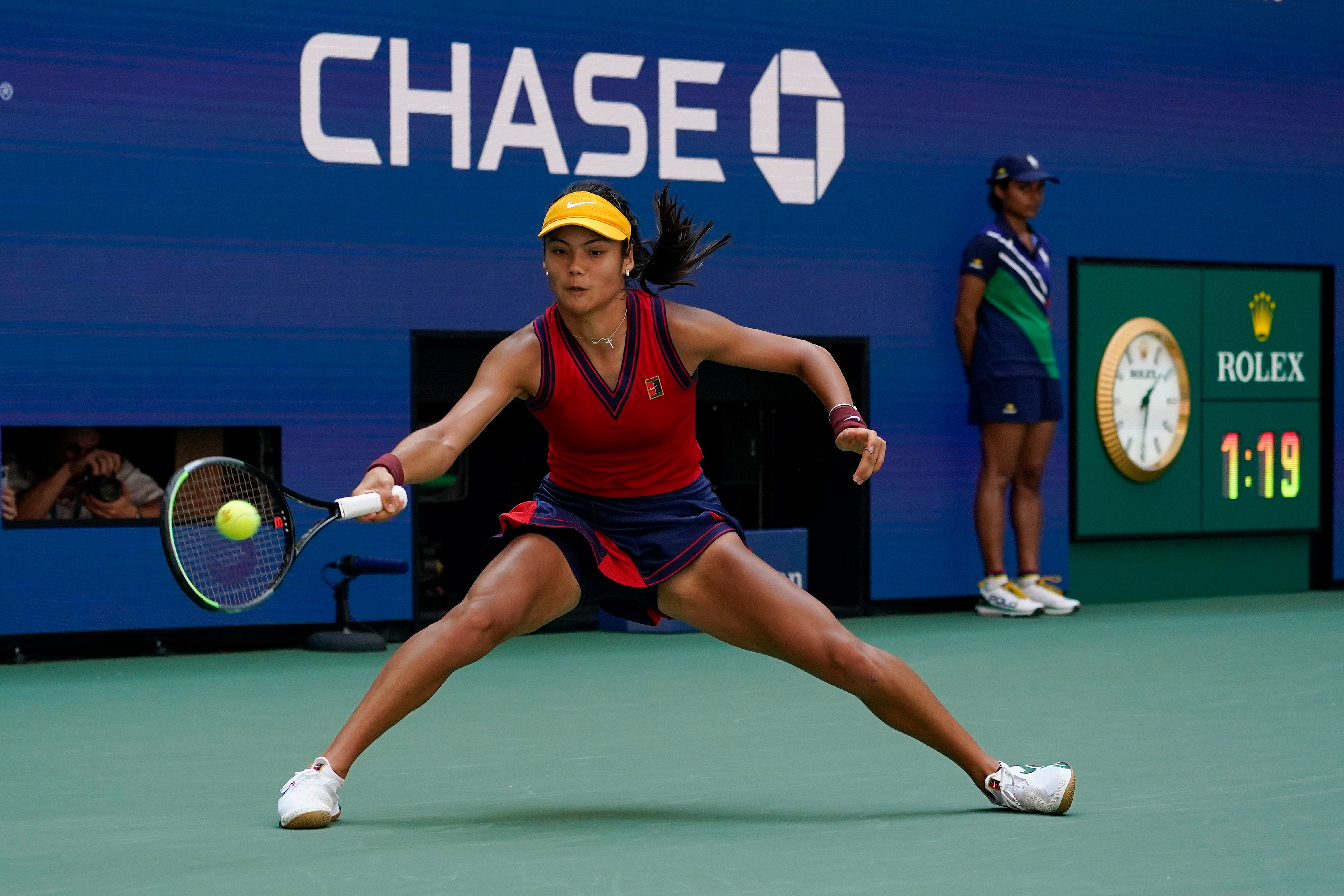 Emma Raducanu returns a shot to Belinda Bencic (Elise Amendola/AP)