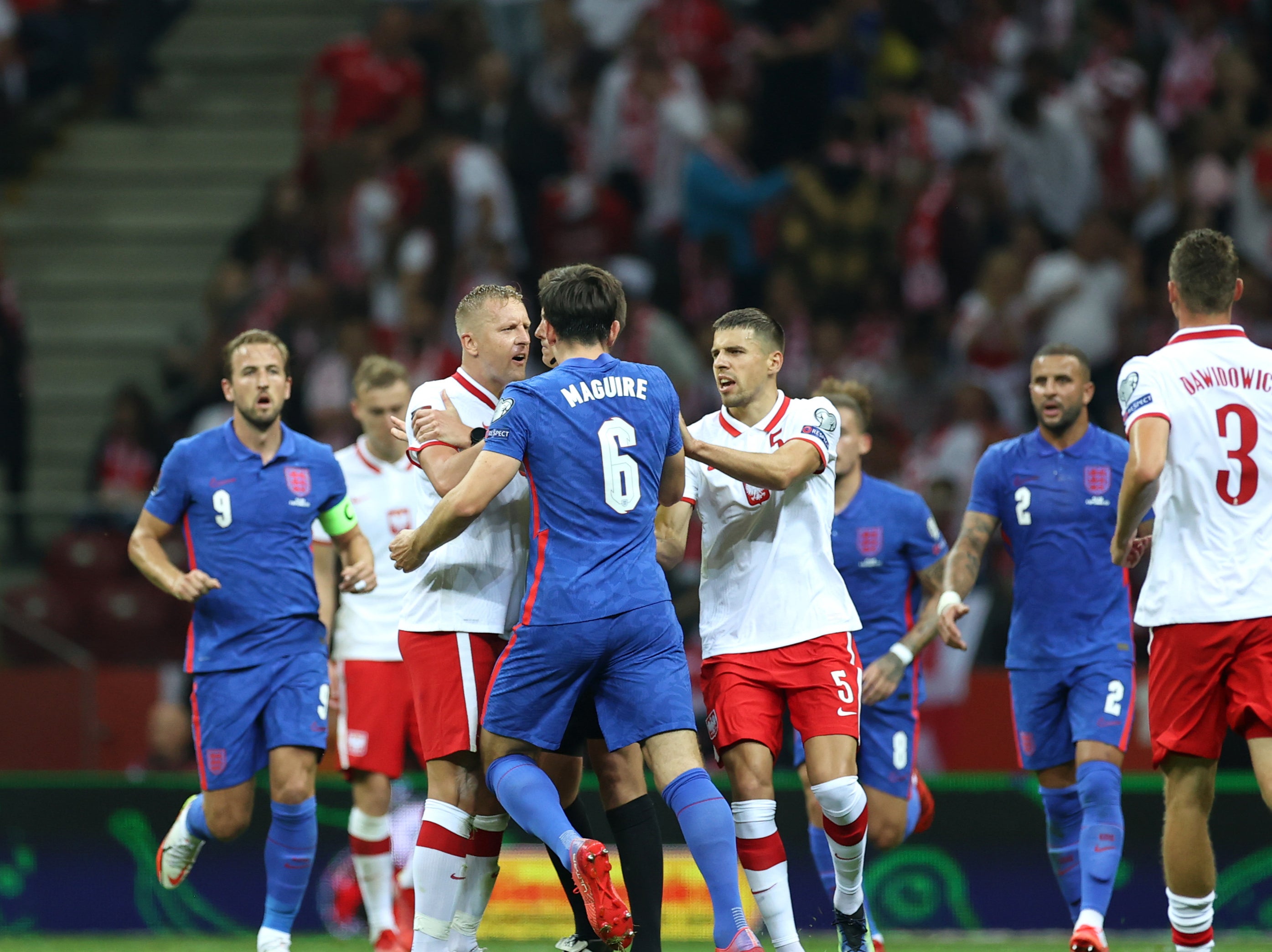 Teammates attempt to separate Harry Maguire and Kamil Glik