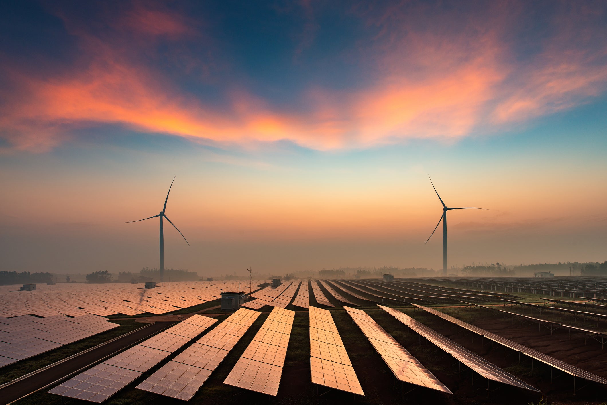 Solar power plants in the dusk of the evening