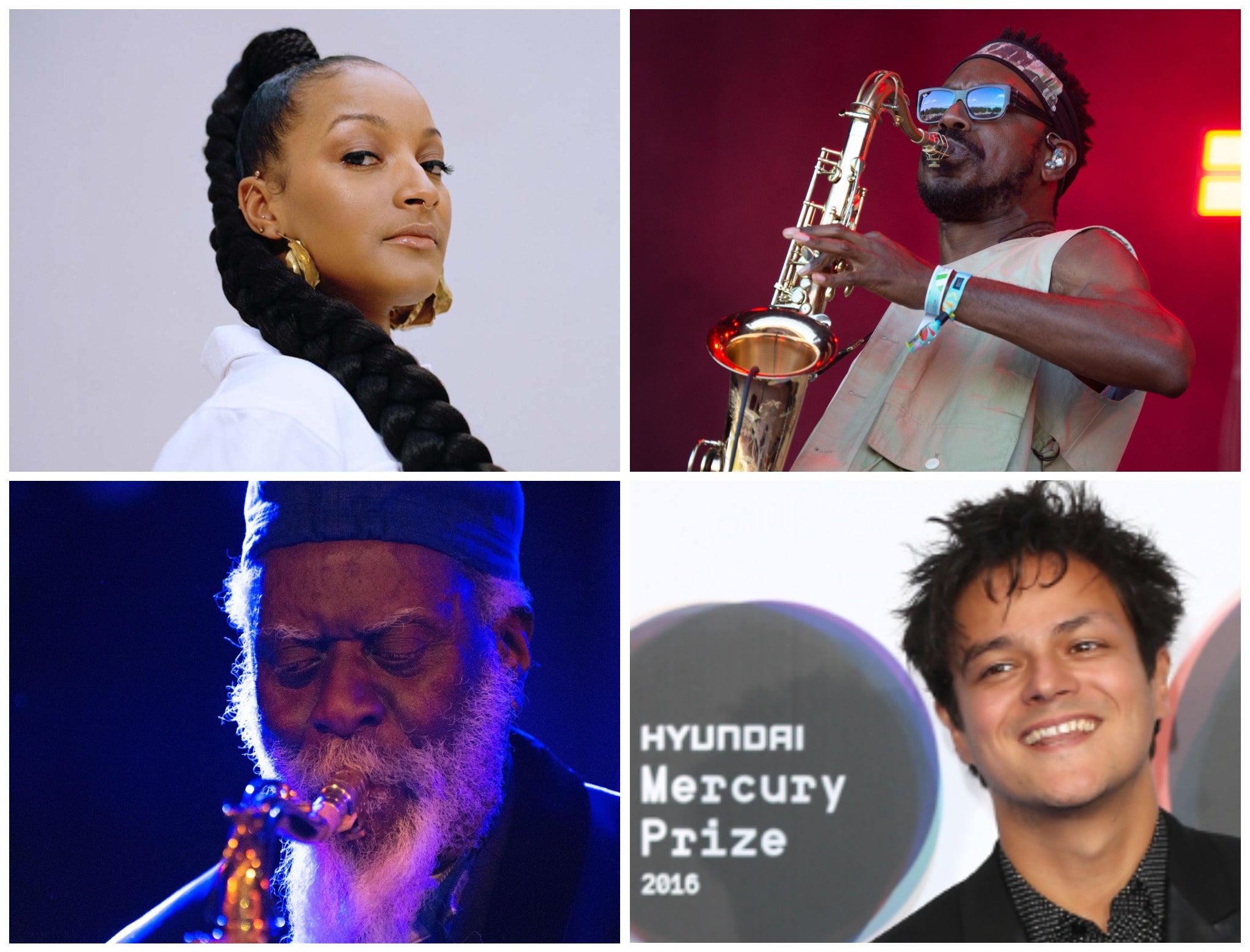 From top left clockwise: Nubya Garcia, Shabaka Hutchings from Sons of Kemet, Jamie Cullum, and Pharoah Sanders