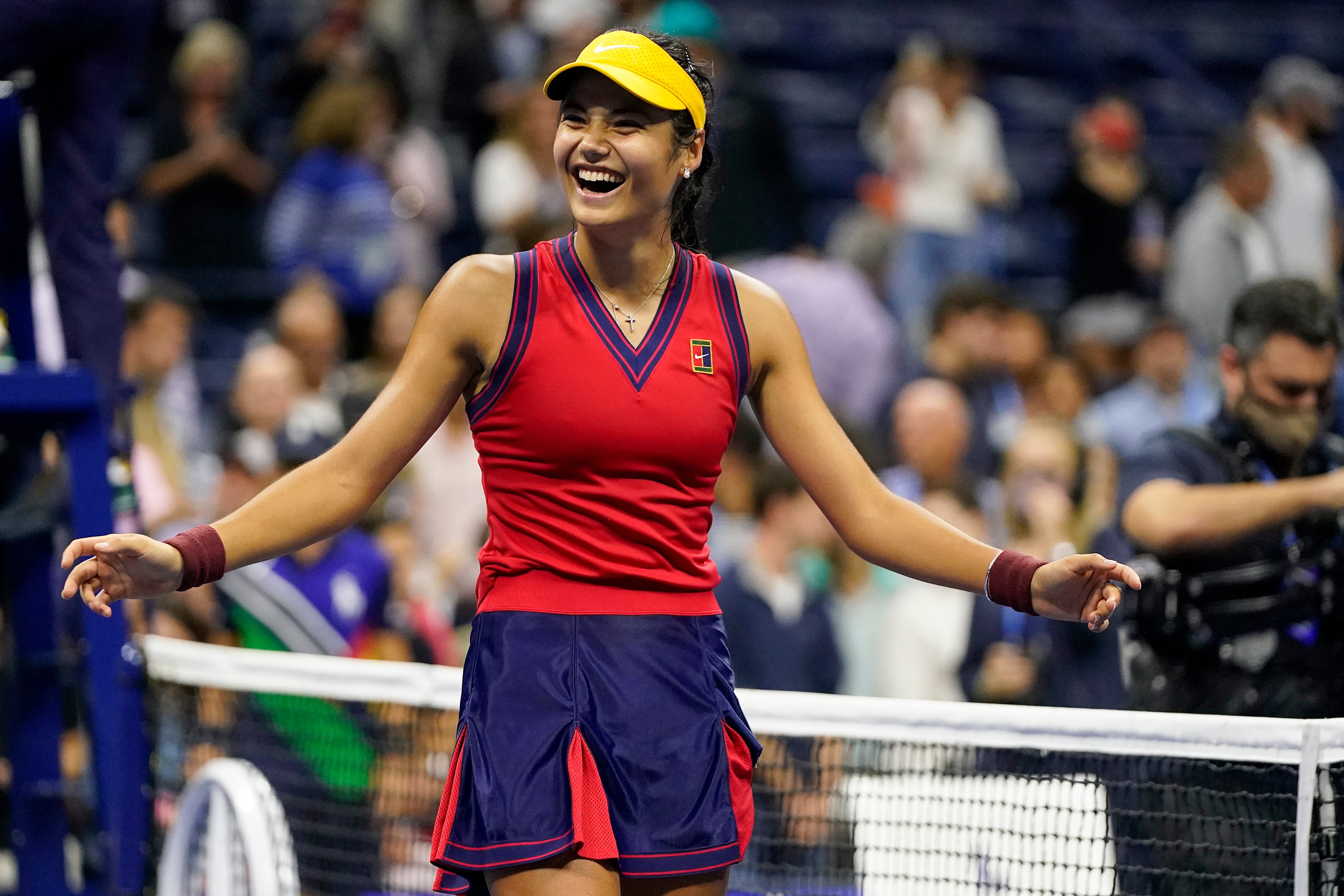 Emma Raducanu reacts to her semi-final win at the US Open